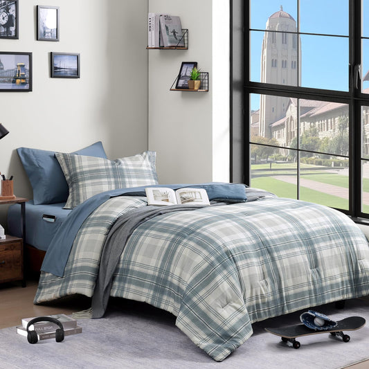 AMBERSPACE Twin XL Comforter Set, Blue Grey Plaid Bedding Set 5 Piece for Boys Girls Teen, Classic Homestead-Style Kids Comforter Set Bed in A Bag with Sheets, Pillowcase & Sham