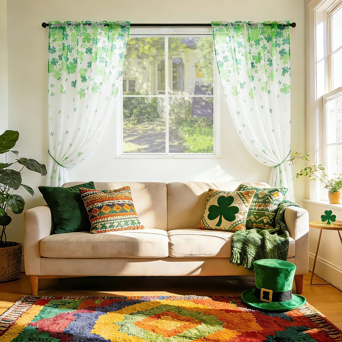 youleyar St. Patrick's Day Sheer Curtains 84 Inches Long, 2 Panels Shamrock Clover Printed Pattern Curtain, Rod Pocket Drapes for Bedroom and Home Decor, 52" W x 84" L