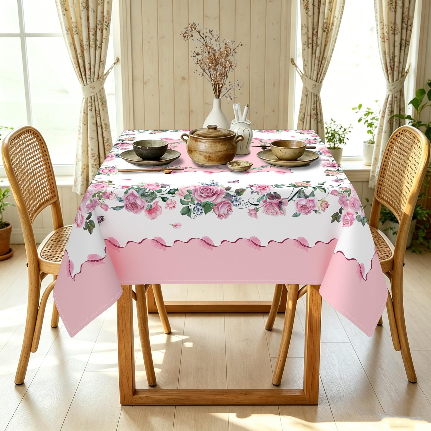 Yighty Pink Square Tablecloth 70x70 Inch, Rose Flower Printed Tablecloth, Spring Summer Waterproof Floral Tablecloth, Suitable for Indoor and Outdoor, Holiday Kitchen Restaurant and Party