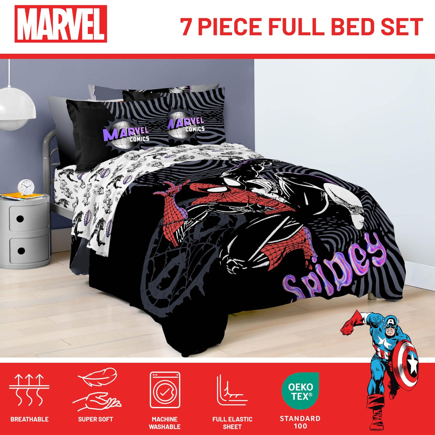 Jay Franco Kids Comforter Set Includes Sheets and Pillow Covers - Soft and Cozy Bed Set for Stylish Room Decor, Black - Marvel Comics, 7 Piece Full Size Bedding
