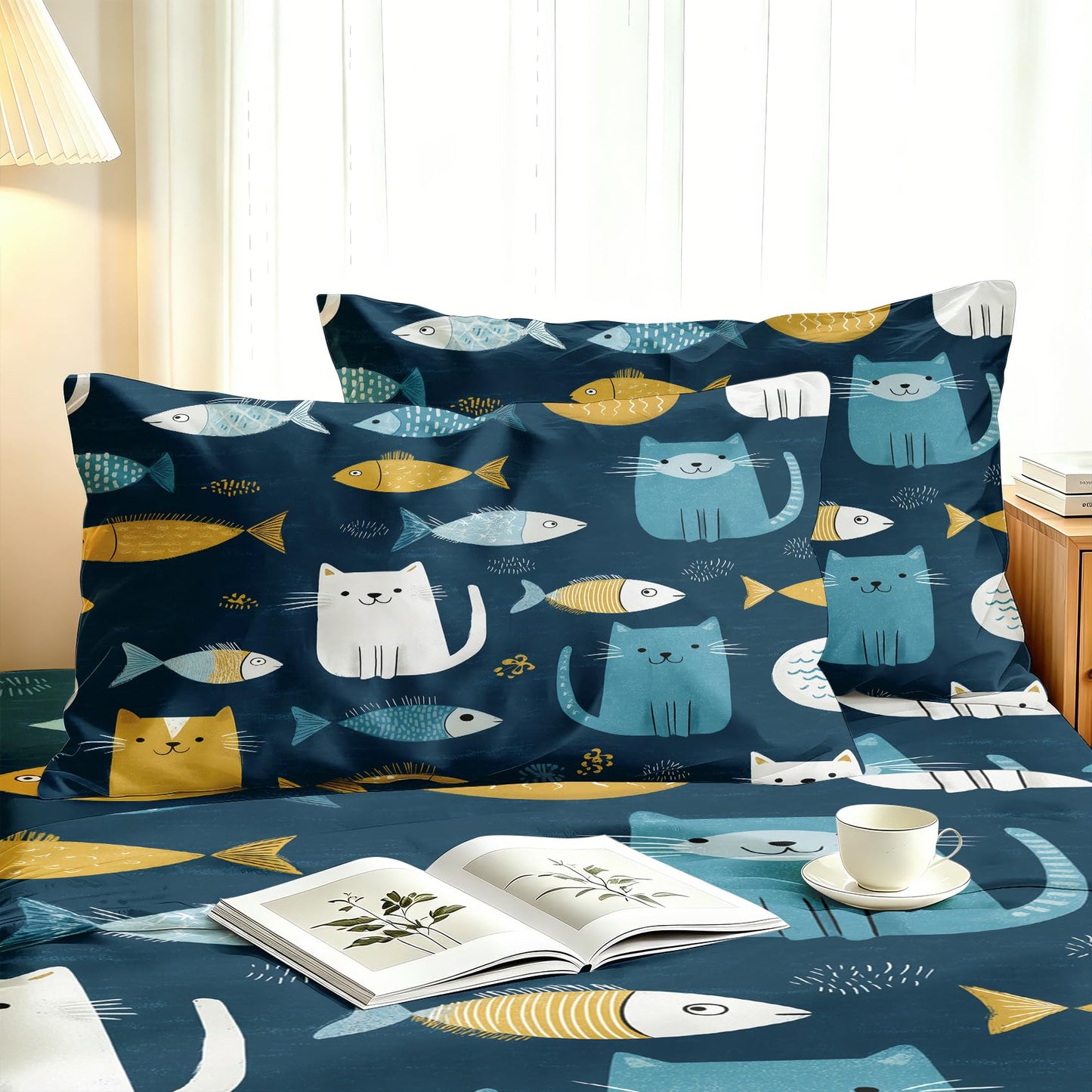Cat and Fish Twin Bedding Set Kids Kitten Sheet Sets, Blue