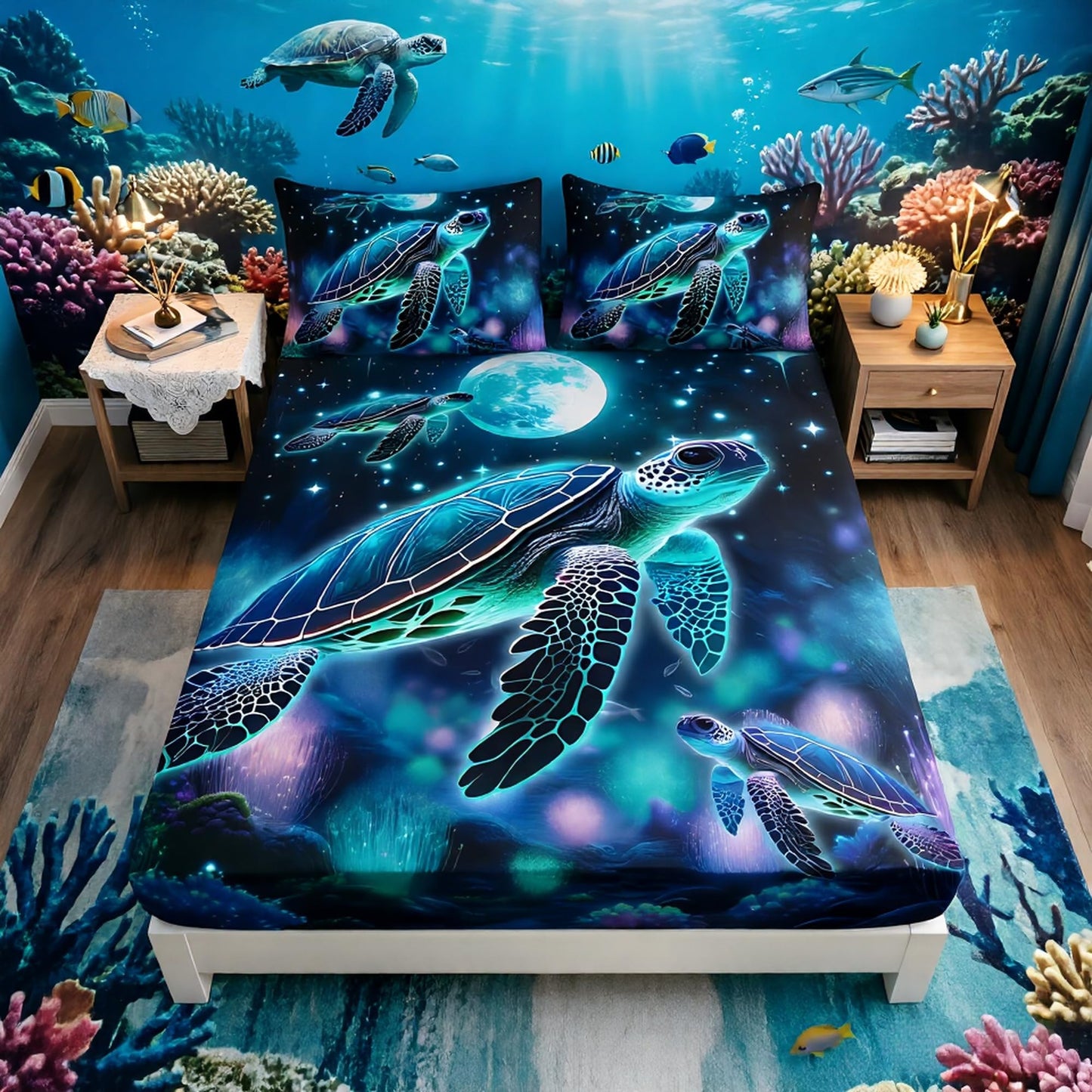 UEVBF Sea Turtle Fitted Sheet Kids Bedding Twin Size,Glowing Waterweed Moon Flash Fitted Sheet for Kids Boys Girls Room Decor,Coastal Reptile Animal Bedding Set,1 Fitted Sheet+2 Pillowcases.