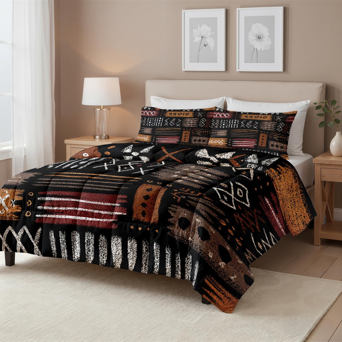 Mud Cloth Comforter Queen Size - 3 Pcs Bed Set, All Season Comforter & 2 Pillowcases, Abstract Tribal Bedding Set, Soft Lightweight Down Alternative Duvet Insert, Boho Ethnic Bedroom Decor