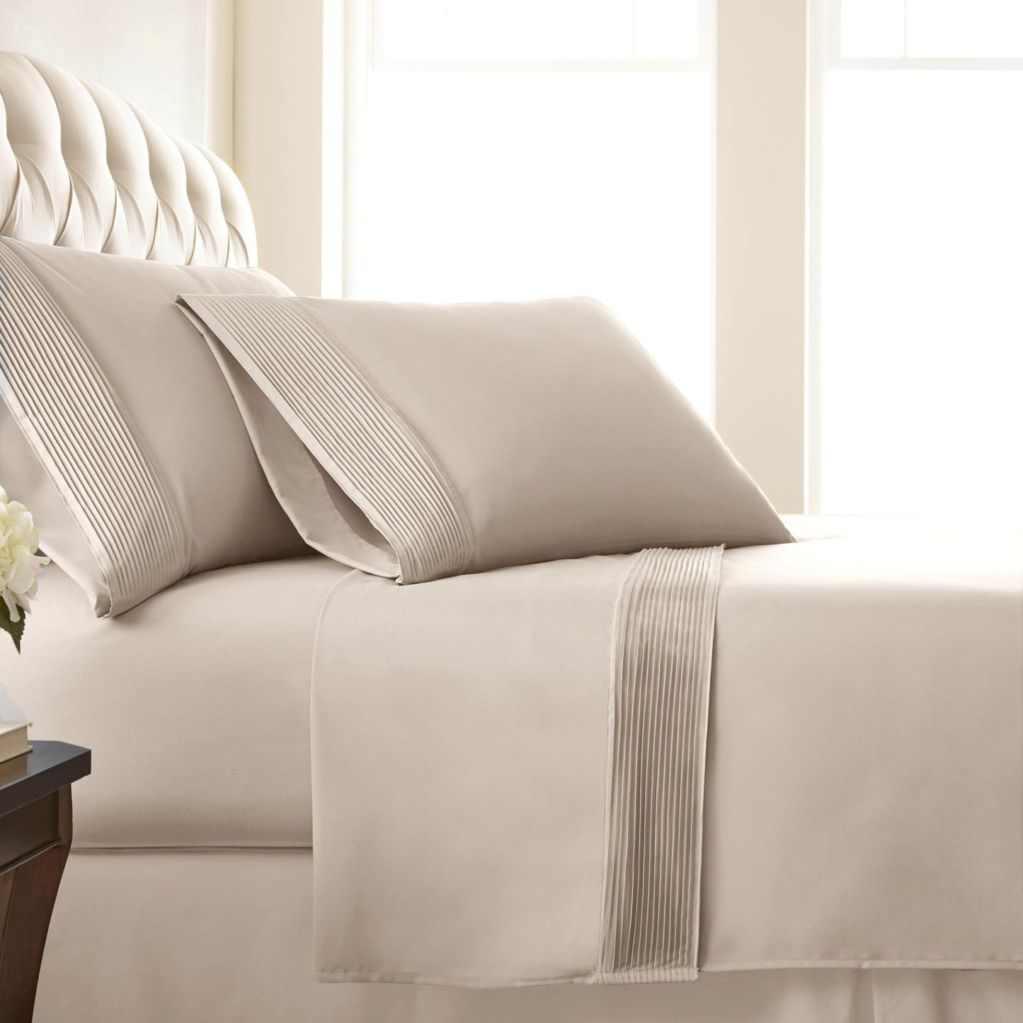 Southshore Fine Living, Inc. Hotel Style 21 Inch Extra Deep Pocket King Sheet Set, 4 Piece Pleated Beige Sheets King Size w/Decorative Hem, Wrinkle Resistant Microfiber, 2 Pillow Cases - Natural Beige