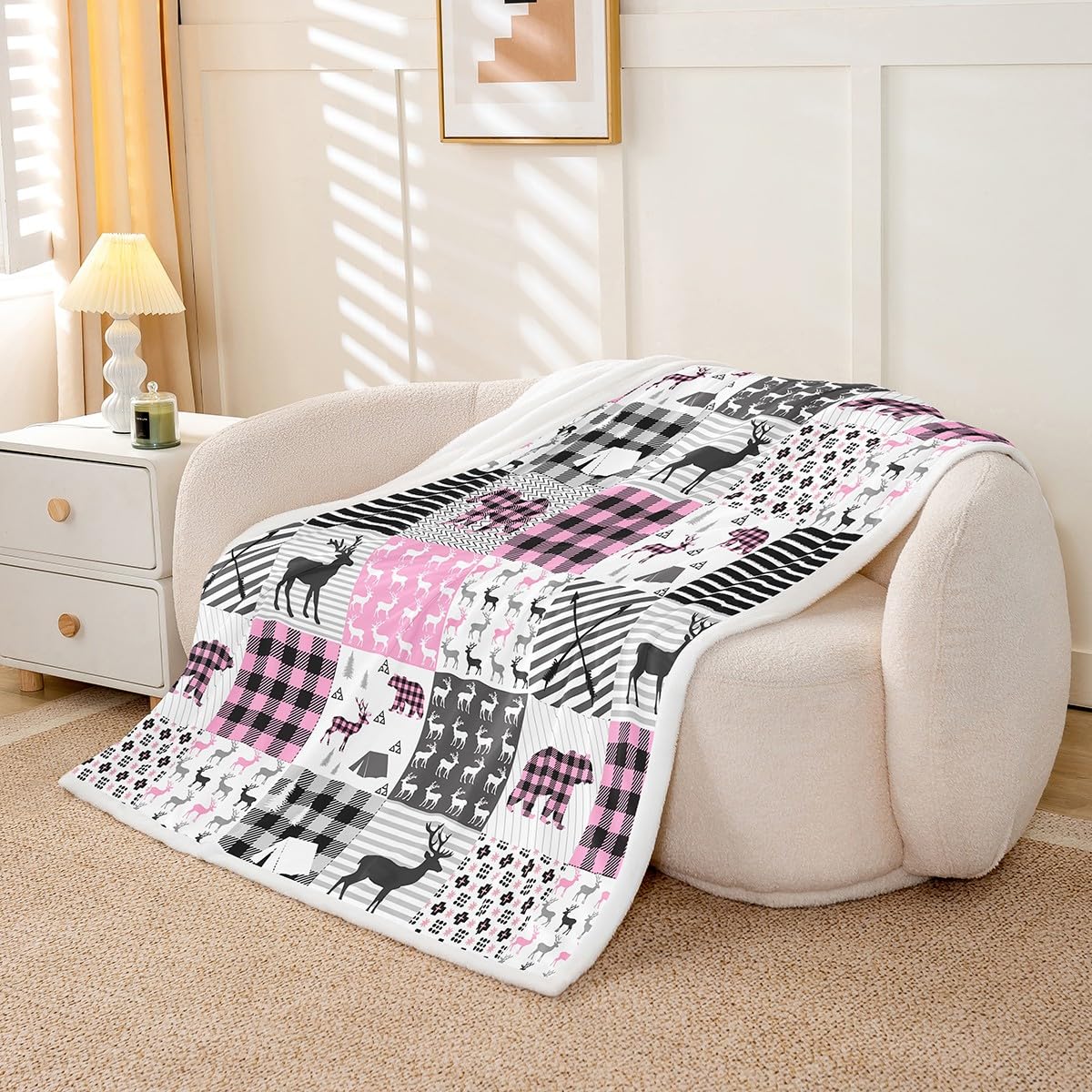 Deer Fleece Throw Blanket for Girls Boys - Pink Plaid Bear Antlers Plush Sherpa for Hunting and Camping - Bear Moose Lodge Patchwork Fuzzy Geometric Room Decor 40"x50"