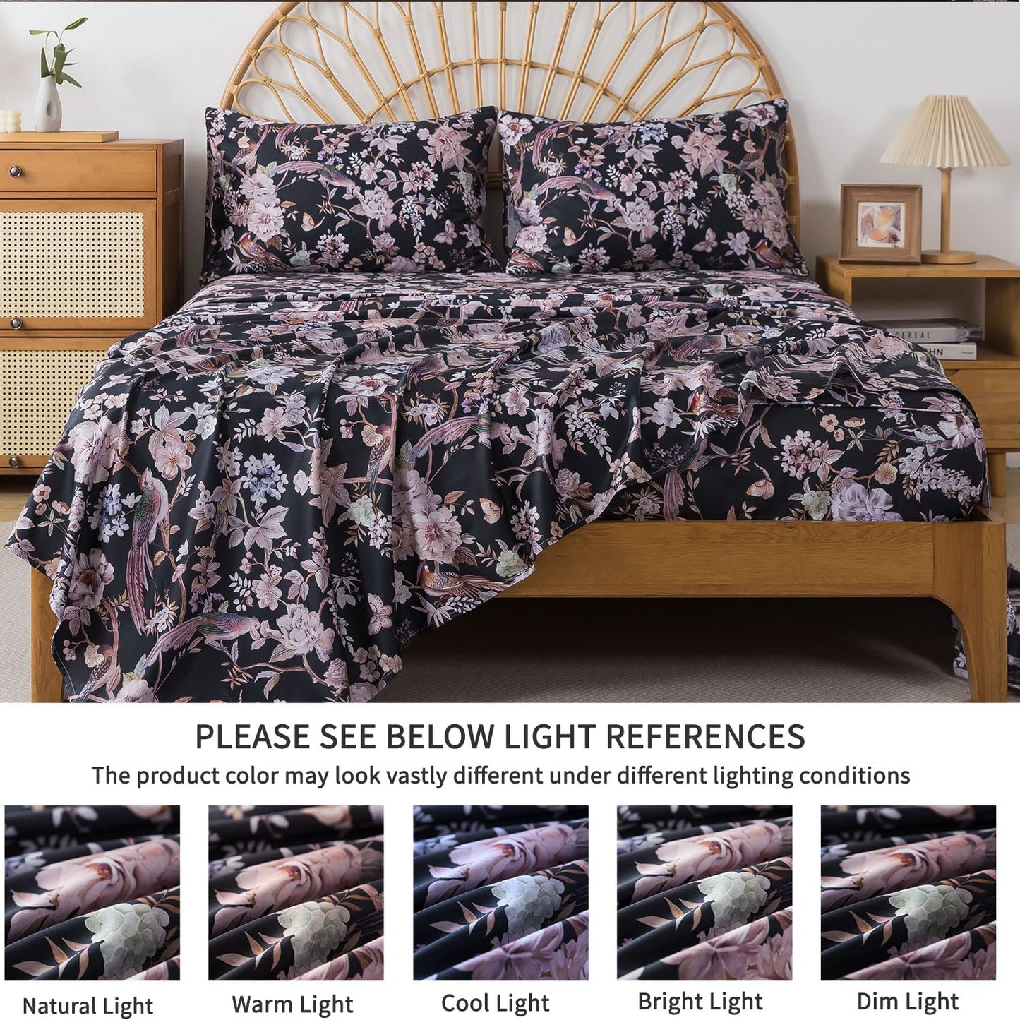 FADFAY Queen Sheet Set,4-Piece Long-Staple Cotton, Vintage Black Floral & Bird Print Bedding, Deep Pocket Fitted Sheet, Soft & Breathable for All Seasons