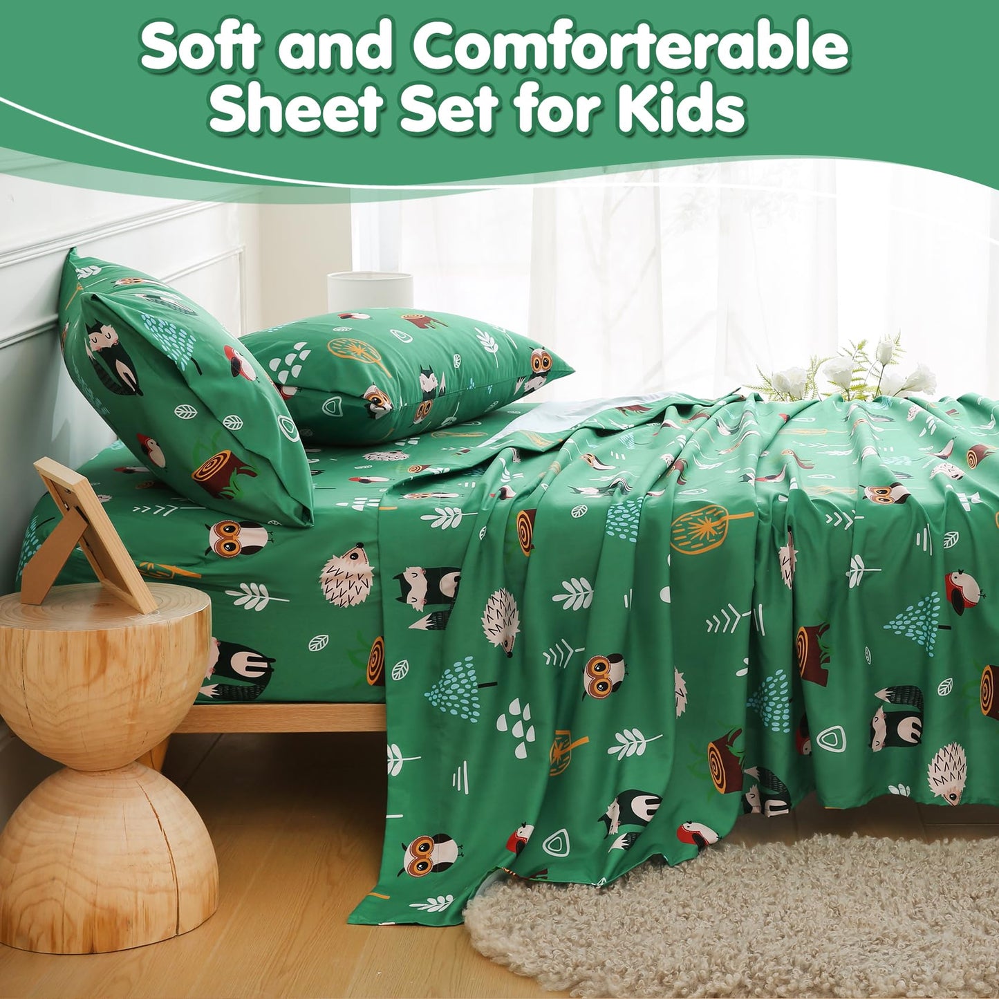 Green Forest Animals Twin Sheets Set for Kids 3 Piece Soft Microfiber Bed Sheets with Deep Pocket Cartoon Fox Owl Hedgehog Printed Bedding for Children Boys Kids (Animal Forest, Twin)