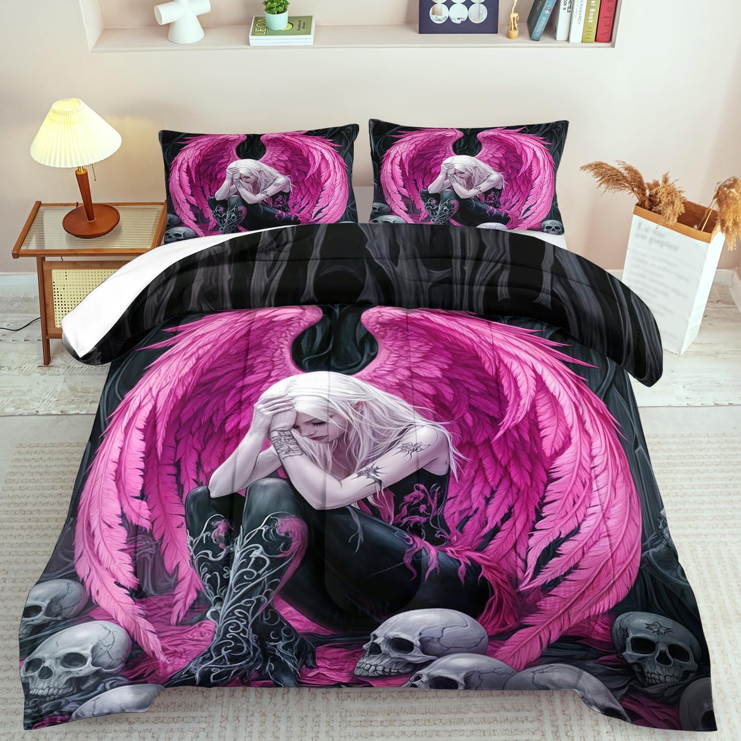 llyxsesty Gothic Skull Comforter Set Queen for Adults,Angel Wings Bedding Set Pink for Girls,Sexy Angel Comforter Bedroom Decor Teen,Gothic Skull Bedding Decor Pink Wings Quilt