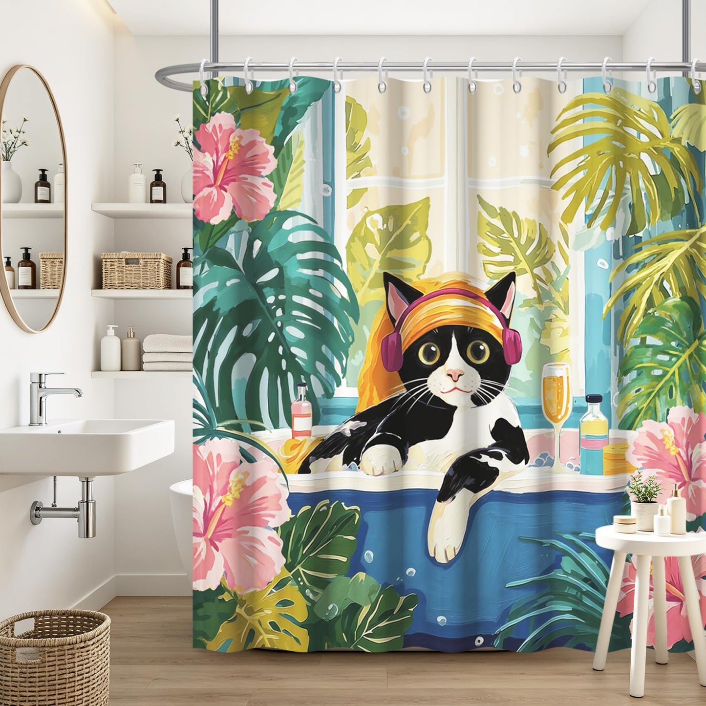 GICDSU Funny Cat Shower Curtain Boho Cute Black Cats Shower Curtain for Bathroom Pink Tropical Matisse Kitten Plam Tree Bath Curtains with Hooks Waterproof Fabric Bathtub 72x72 Inch