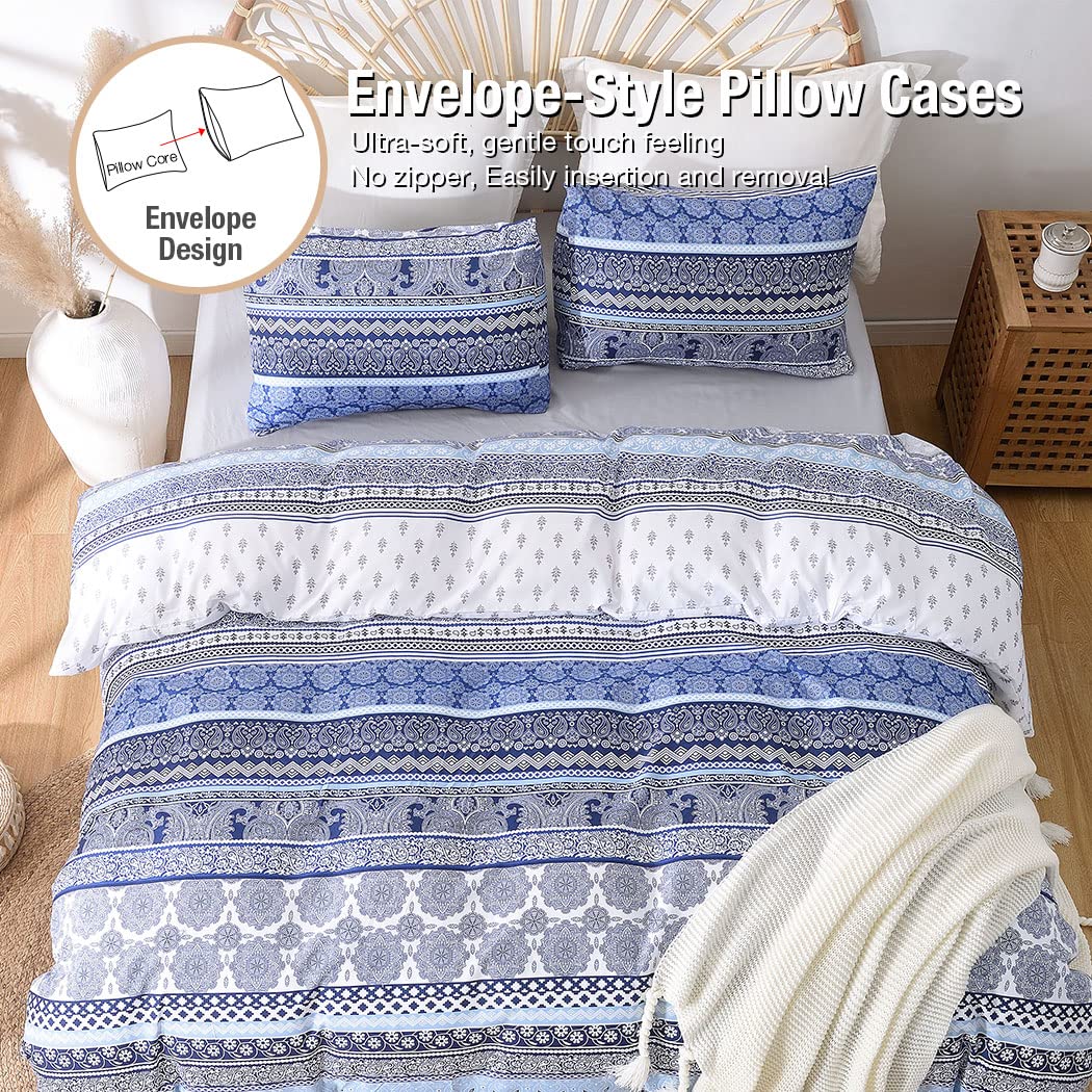 Lekesky Boho Queen Size Duvet Cover Set, Boho Blue Retro Comforter Cover Queen Size Floral Striped Printed, Luxury Soft Microfiber Bedding Set with Zipper Ties
