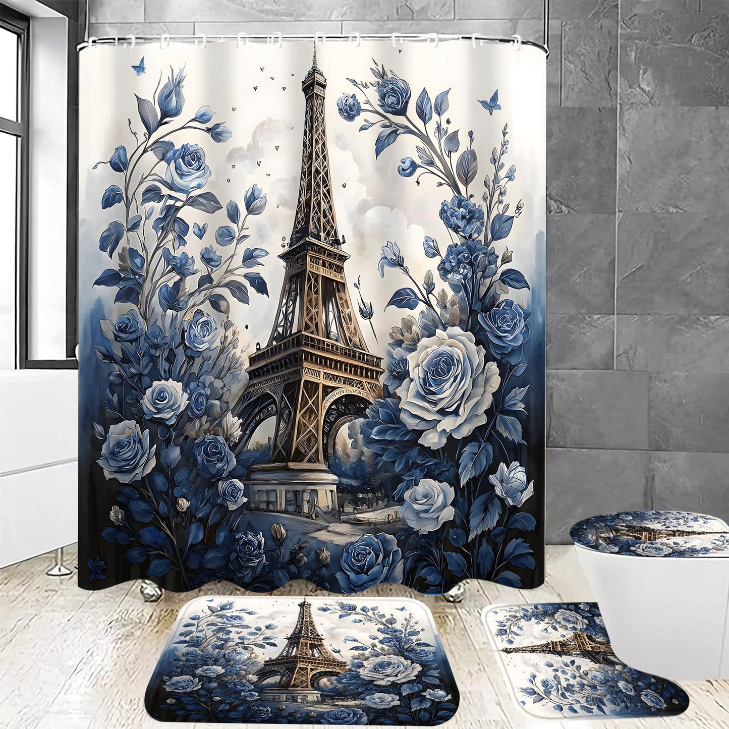Chrainy 4Pcs Paris Eiffel Tower Shower Curtain Sets The Blue Rose Bathroom Set Decor with Non-Slip Rugs Bath U-Shaped Mat Toilet Lid Cover Waterproof Floal Bathroom Curtains Shower Set with 12 Hooks