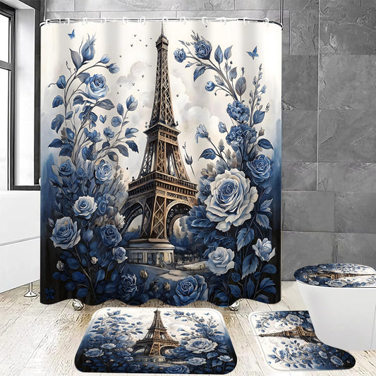 Chrainy 4Pcs Paris Eiffel Tower Shower Curtain Sets The Blue Rose Bathroom Set Decor with Non-Slip Rugs Bath U-Shaped Mat Toilet Lid Cover Waterproof Floal Bathroom Curtains Shower Set with 12 Hooks