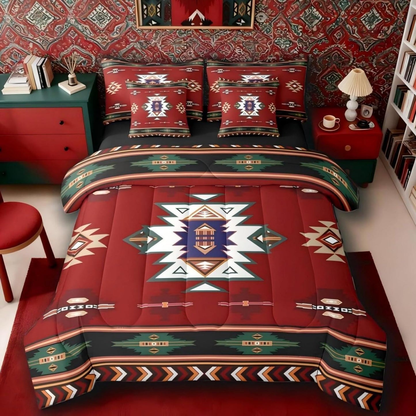 Erosebridal Western Twin Comforter Set with Sheets | Boho Decor Geometric 7 Piece Bedding Set Bohemian Aztec Bed in a Bag, Ethnic Tribal Arrow Room Decor,Red