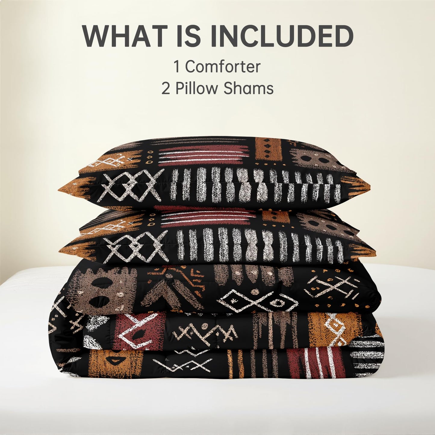 Mud Cloth Comforter Queen Size - 3 Pcs Bed Set, All Season Comforter & 2 Pillowcases, Abstract Tribal Bedding Set, Soft Lightweight Down Alternative Duvet Insert, Boho Ethnic Bedroom Decor