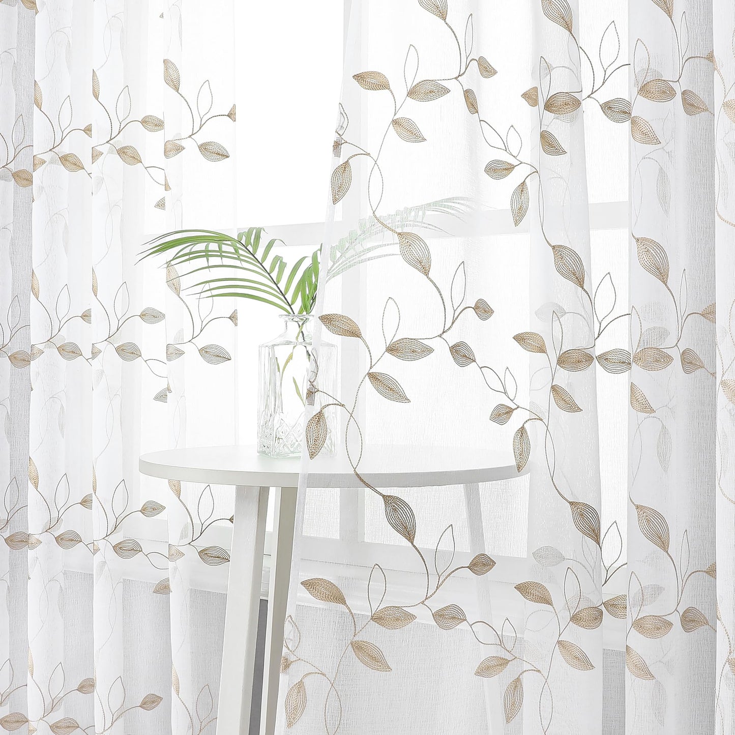 Tollpiz Taupe Leaf Sheer Curtain Leaves Embroidered Bedroom Curtains Rod Pocket Voile Window Treatments for Living Room, 38 x 63 inches Long, Set of 2 Panels