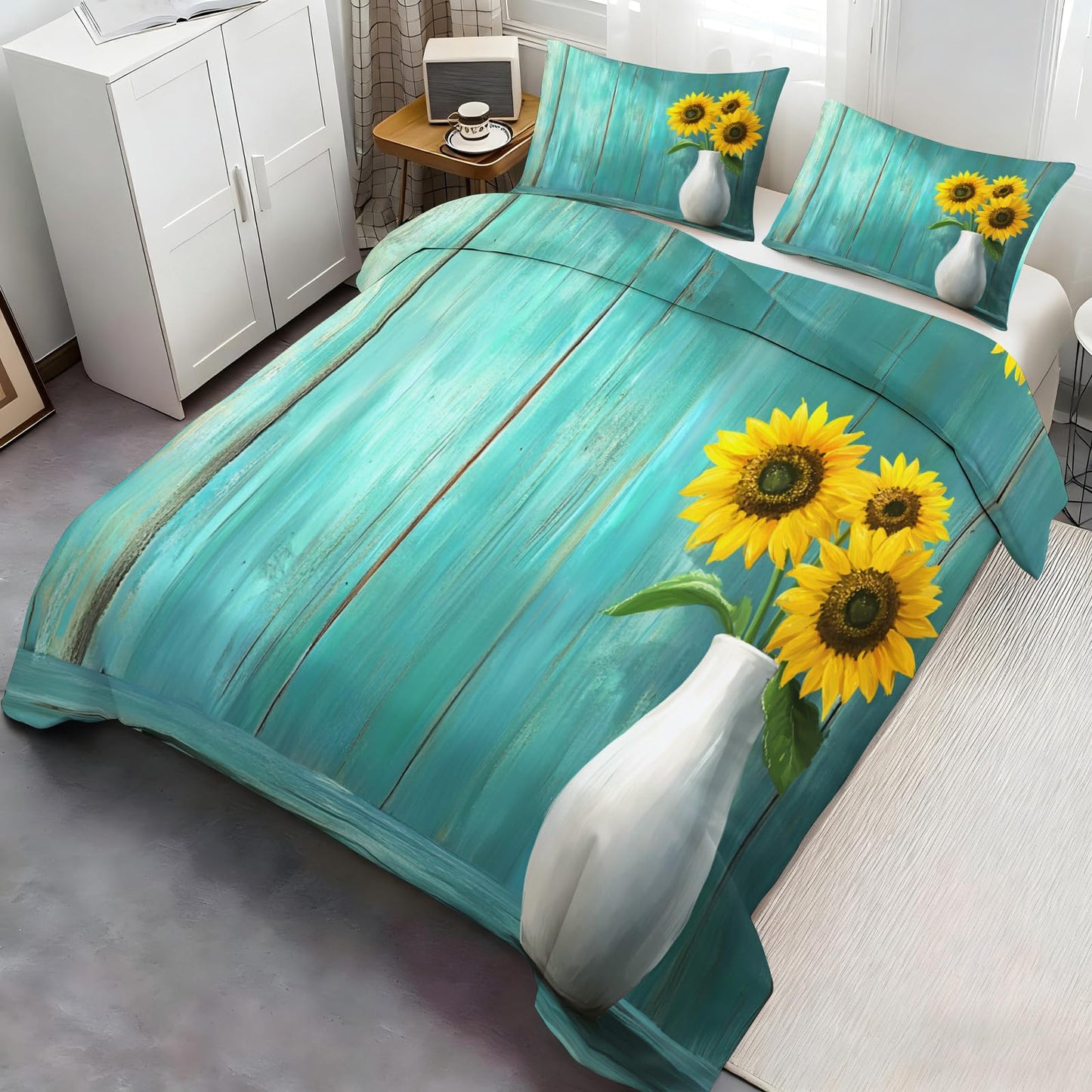 PAISUOQ Rustic Bedding Sets, Sunflowers Duvet Cover Queen, Teal Wood Grain Comforter Cover with Zipper Ties, 3 Pieces with 2 Pillowcases, Home Decor & Gifts