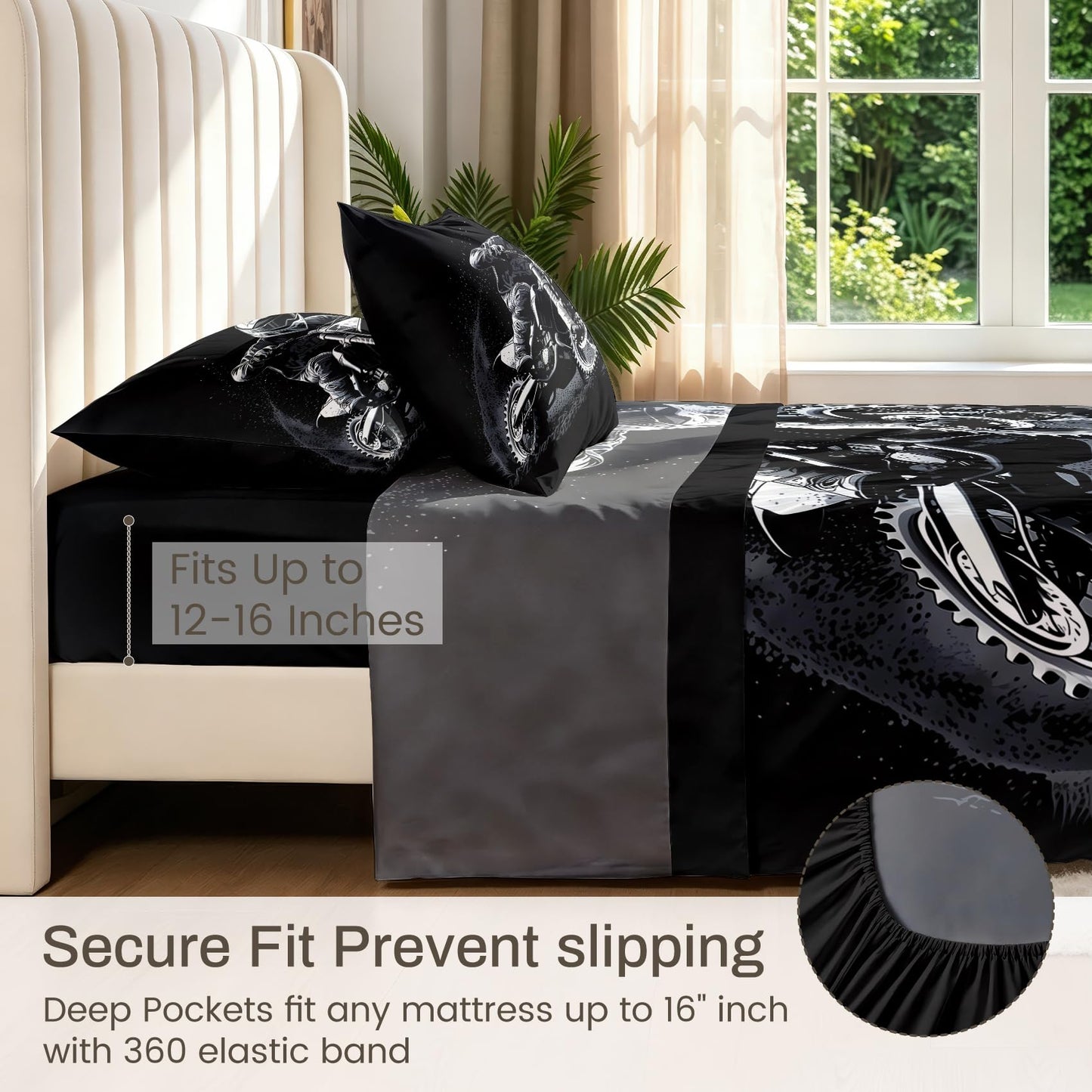 Motocross Queen Sheet Set Dirt Bike Flat Fitted Sheet Sets, Gray Black