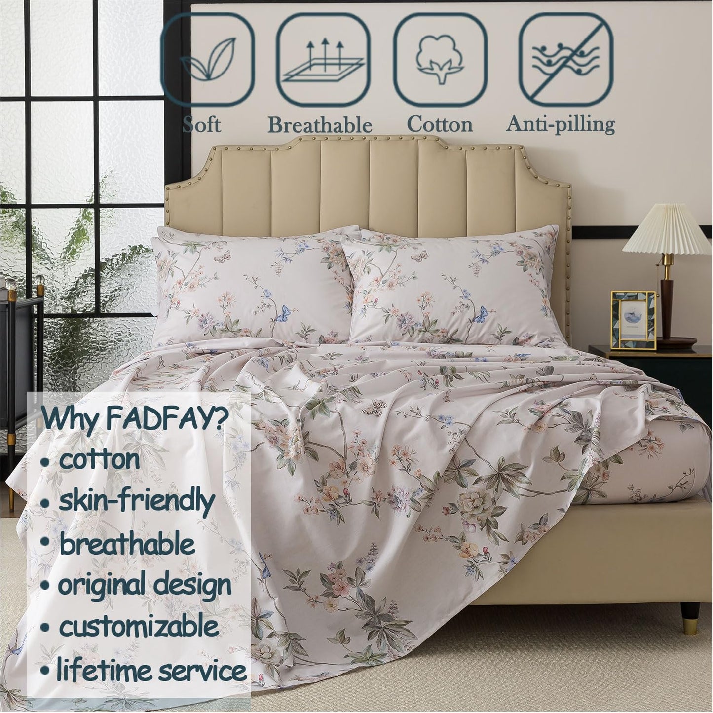FADFAY Queen Size Sheets Set – 4 Pieces Percale Cotton Deep Pocket Fitted Sheet, Crisp, Breathable & Soft, Country Style Floral & Butterfly Pattern Bedding for All Seasons