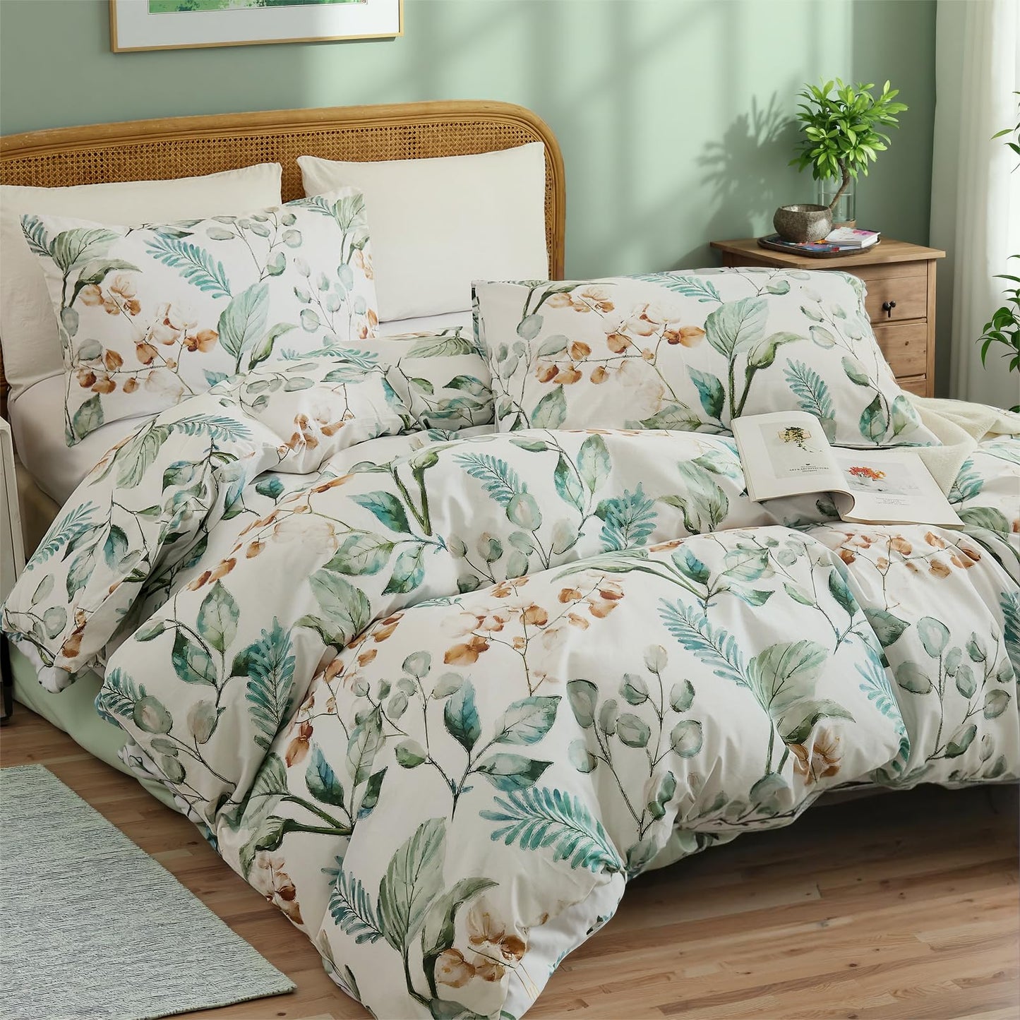 Cozaline 100% Cotton Duvet Cover King Size – Eucalyptus Botanical Print Green Floral Duvet Cover Set, 3-Piece Soft Breathable Natural Premium Cotton Bedding Set for All Seasons