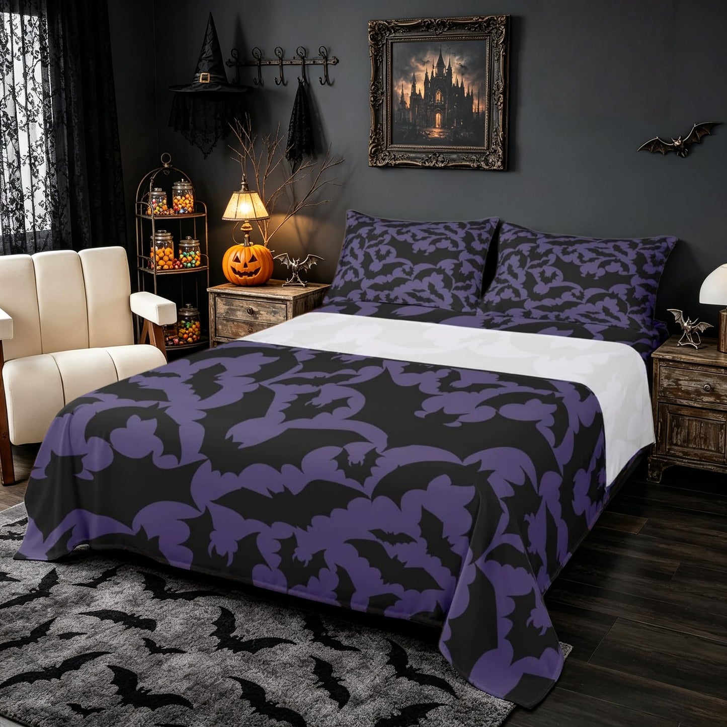 Castle Fairy Halloween Themed Bed Sheet Set King Size,Black Bats Animal Print Fitted Sheet + 1 Flat + 1 Pillowcase,Dark Purple Color Polyester Bed Mattress Cover, Gift for Man Couple