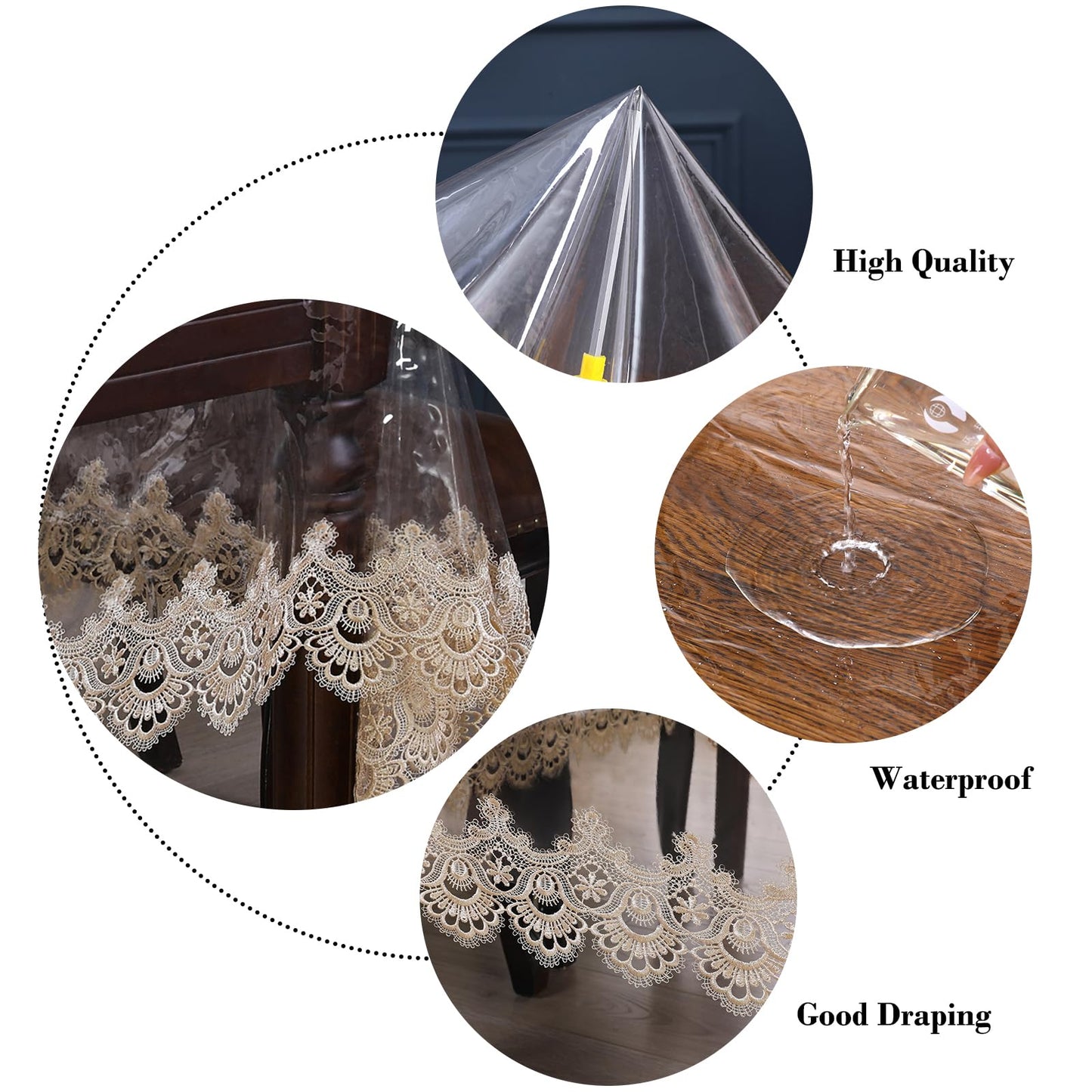 Clear Plastic Rectangle Tablecloth Vinyl Waterproof Table Cloth Embroidered Lace Edge Transparent Table Cover for Dining Kitchen Outdoor(52 x 70 inch, Coffee Style 3)
