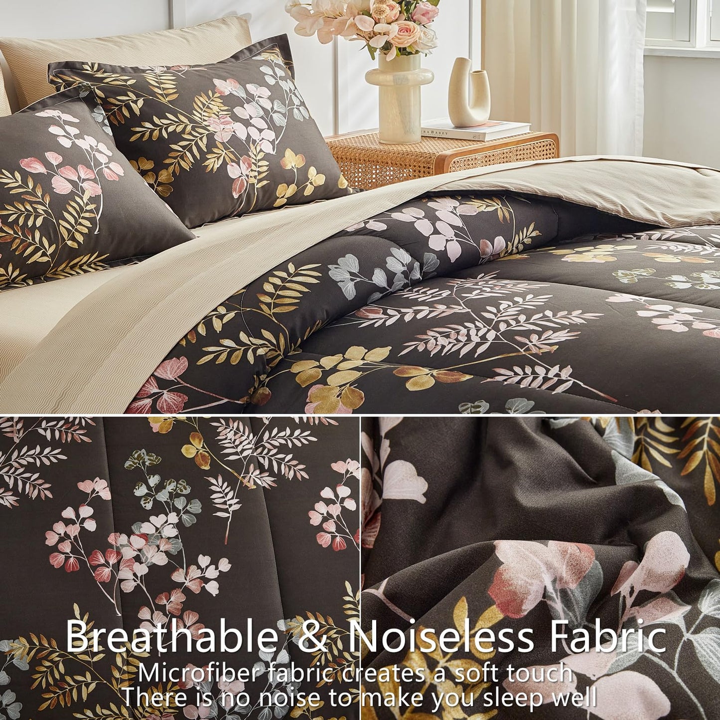 AIKASY Bed in a Bag 7 Pieces Queen Size - Floral Print - Soft Microfiber, Reversible Bed Comforter Set (1 Comforter, 2 Pillow Shams, 1 Flat Sheet, 1 Fitted Sheet, 2 Pillowcases)（Black, Queen）