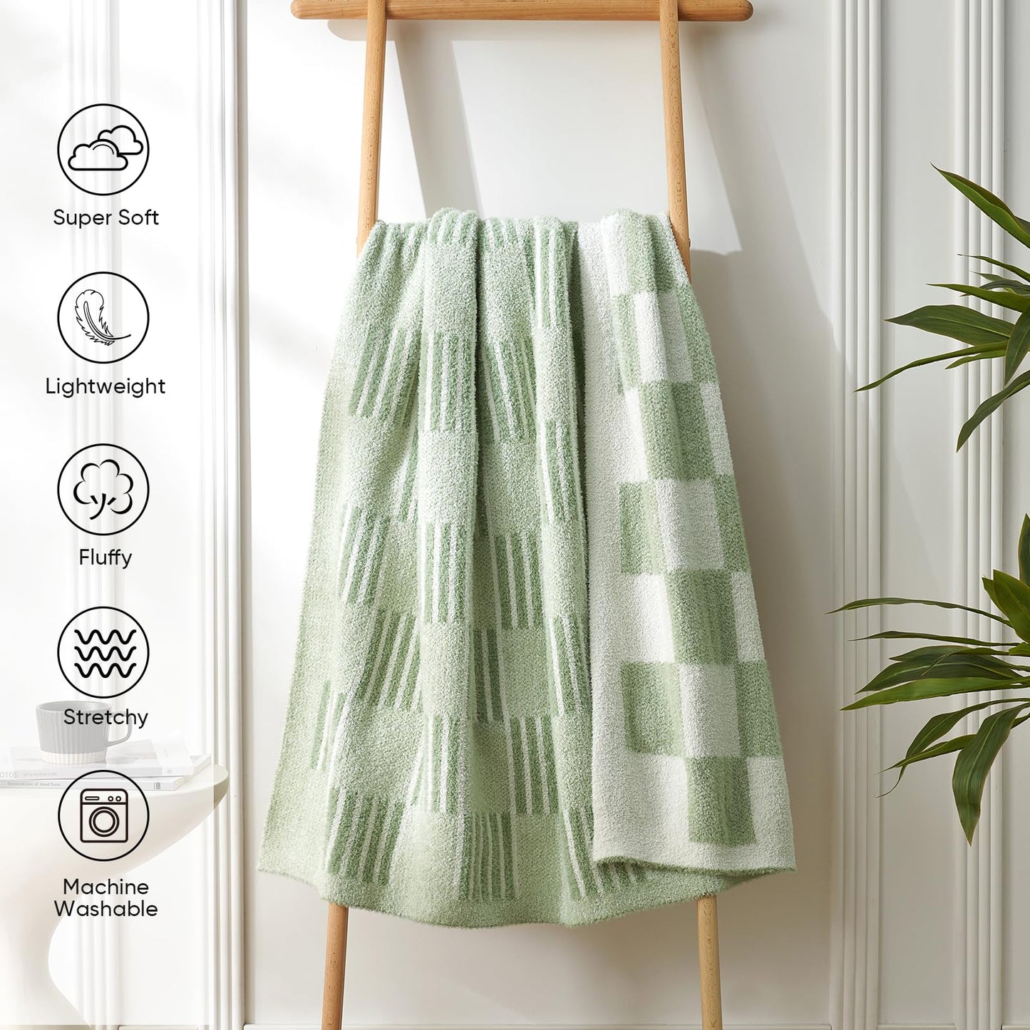 Snuggle Sac Sage Green Checkered Throw Blanket, Super Soft Reversible Cozy Warm Faux Fur Blankets for Couch Bedroom,Cute Lightweight Striped Throws for Women,Heather Sage Green,50x60 inches