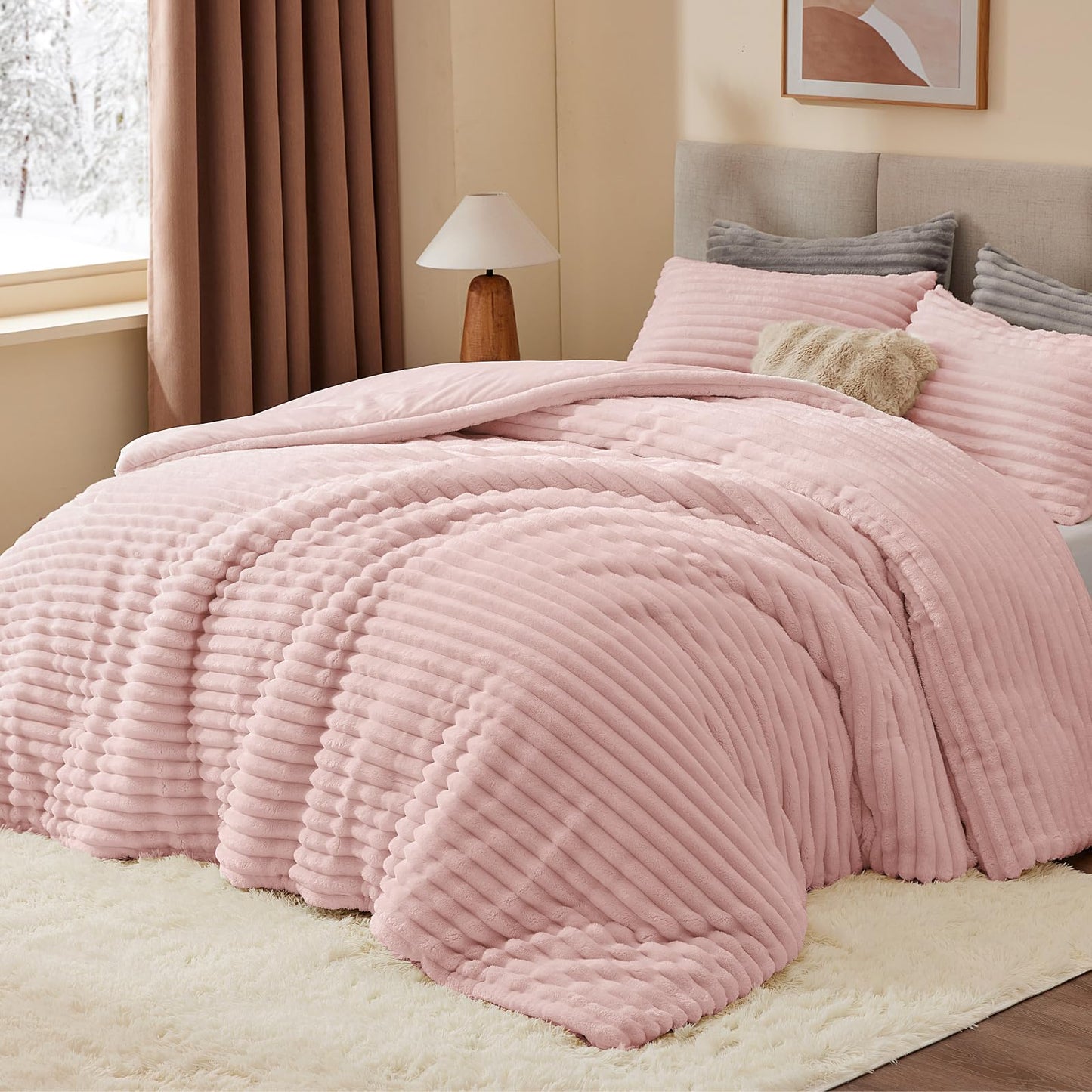 BEDELITE Fleece Queen Comforter Set -Super Soft & Warm Fluffy Pink Bedding, Luxury Fuzzy Heavy Bed Set for All Season with 2 Pillow Cases