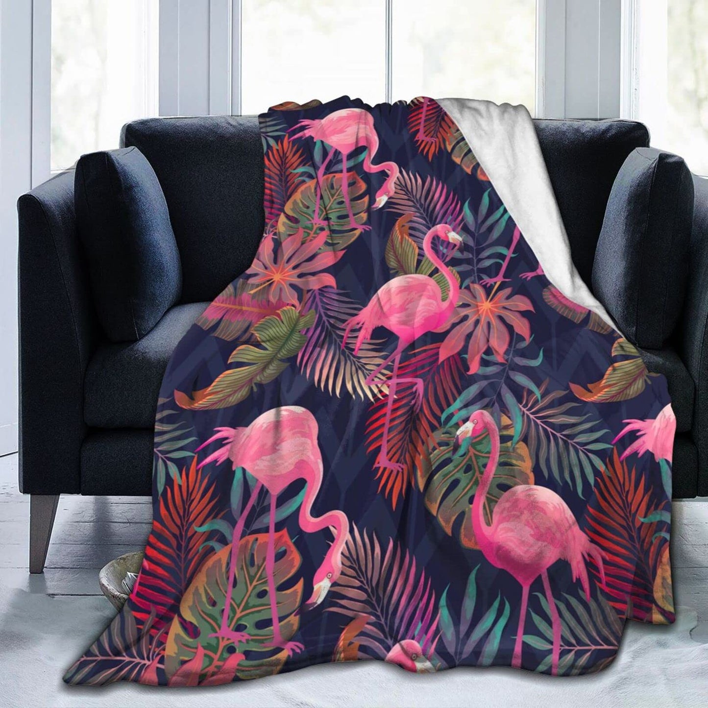 Perinsto Tropical Flamingos with Palm Leaves Throw Blanket Ultra Soft Warm All Season Decorative Fleece Blankets for Bed Chair Car Sofa Couch Bedroom 50"X40"