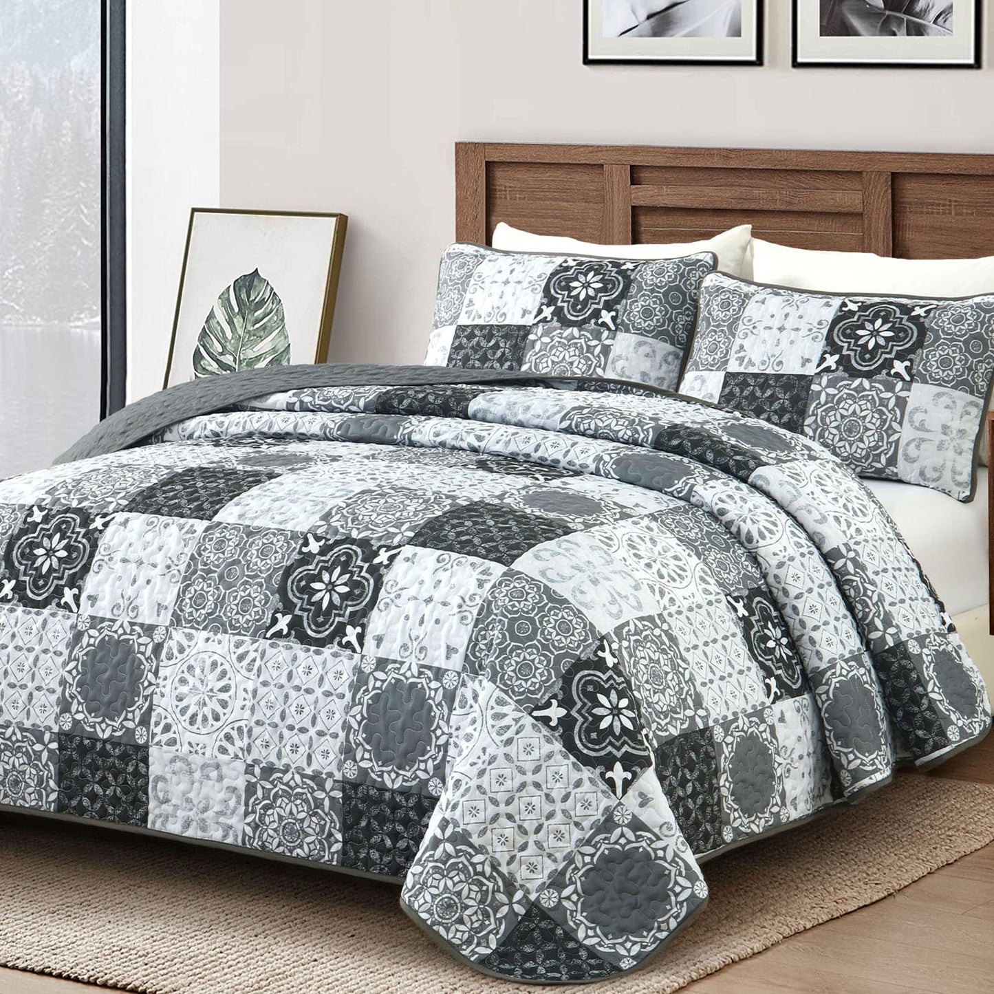 Dobuyly Grey Black Quilt Set Queen Size, Boho Plaid Patchwork Bedspreads Coverlet Set, 3 Pieces Soft Lightweight Microfiber Farmhouse Quilt Bedding Set for All Seasons 96"x90"