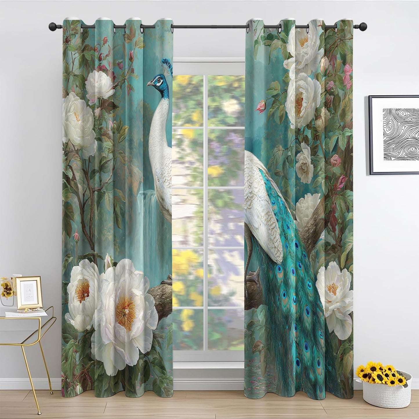 Peacock Curtains, Asian Style Blackout Curtains for Living Room Bedroom, Thermal Insulated Grommet Floral Waterfall Drapes 96 Inch Length Window Treatments, 52Wx96L, 2 Panels