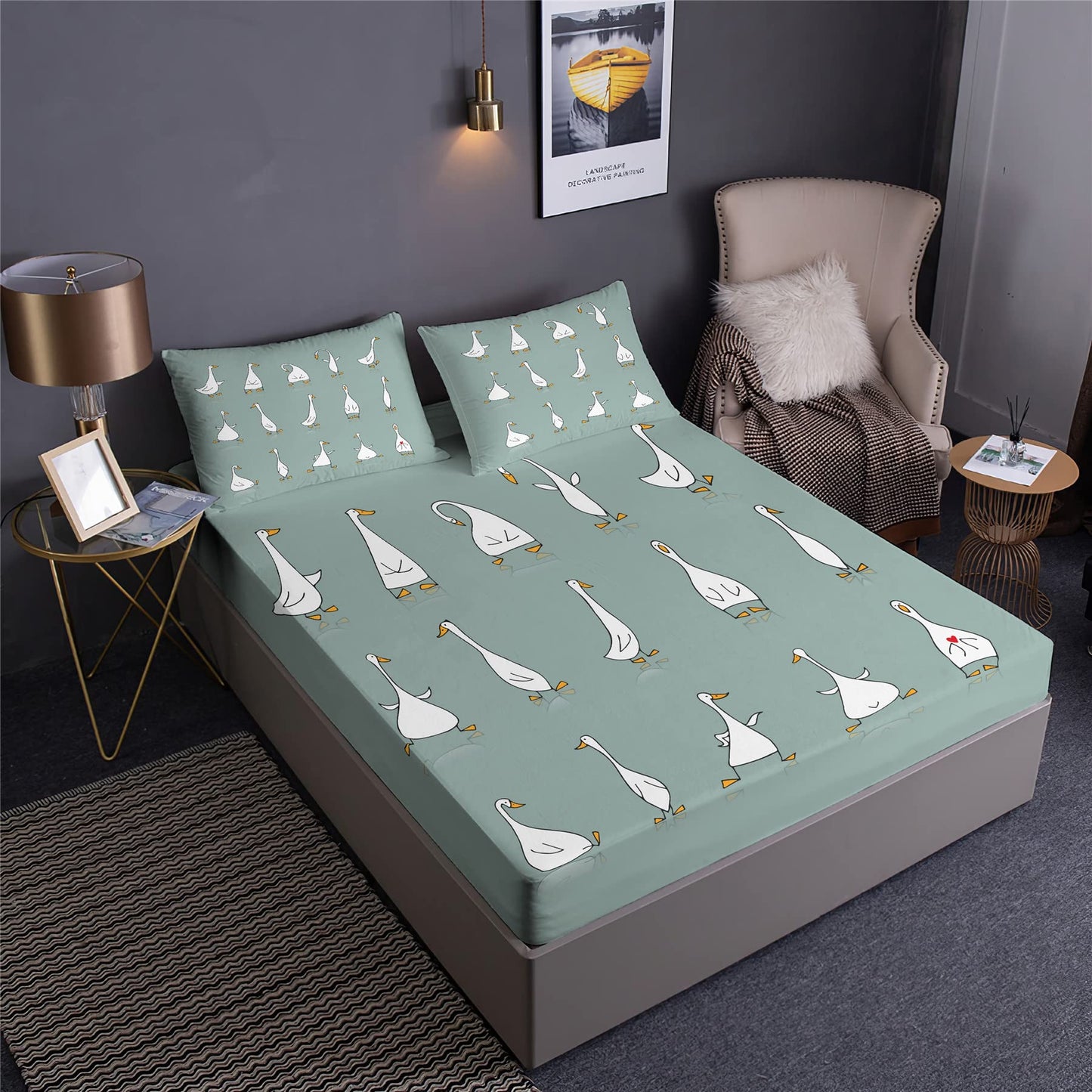 Boasorte Graceful Goose Design Fitted Sheet Set Farm Animal Farmhouse Pastoral Goose Prints Bedding Set | with Fitted Sheet and 2 Pillowshams(3pcs) or Comforter(4pcs) (D,Twin-3PCS)
