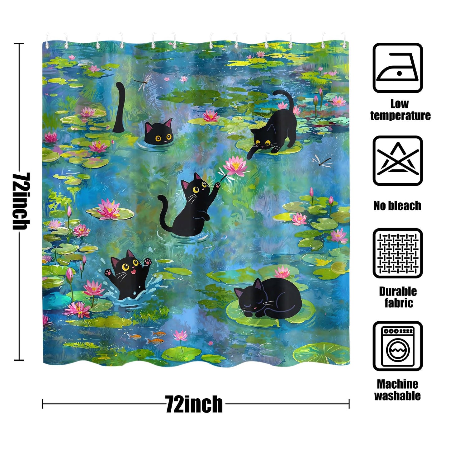 Haibimen Funny Black Cats Shower Curtain Sest Lily Pond Shower Curtain for Bathroom Waterproof Cute Cartoon Flower Nature Bathroom Decor Polyester Fabric 72 x 72 inch with Hooks (Green 1)