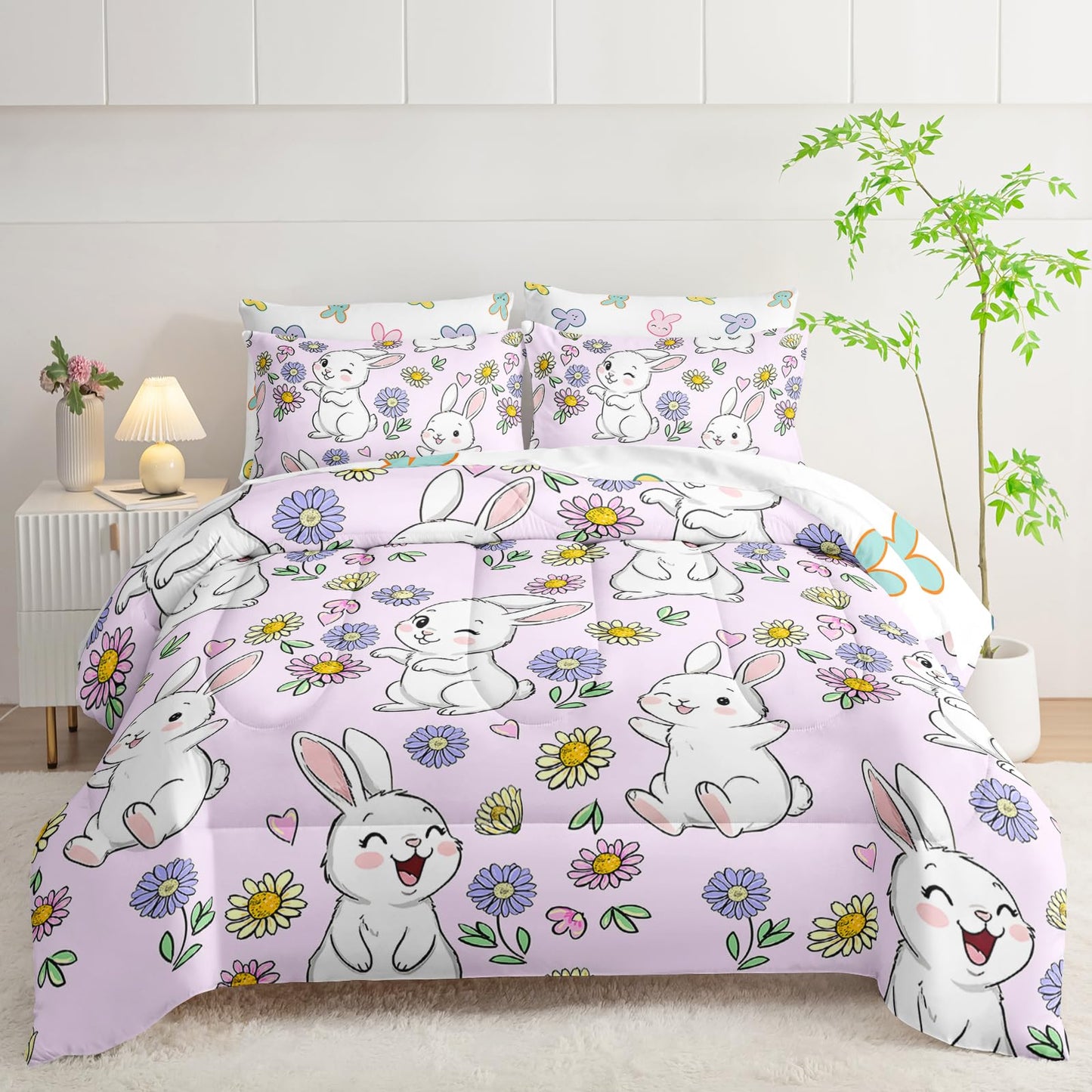 AILONEN Floral Rabbit Comforter Set Twin Size,7-Piece Soft Bed in a Bag, Cute Bunny Kawaii Comforter & Fitted Sheet & Flat Sheet & 2 Pillowcases,2 Pillow Shams