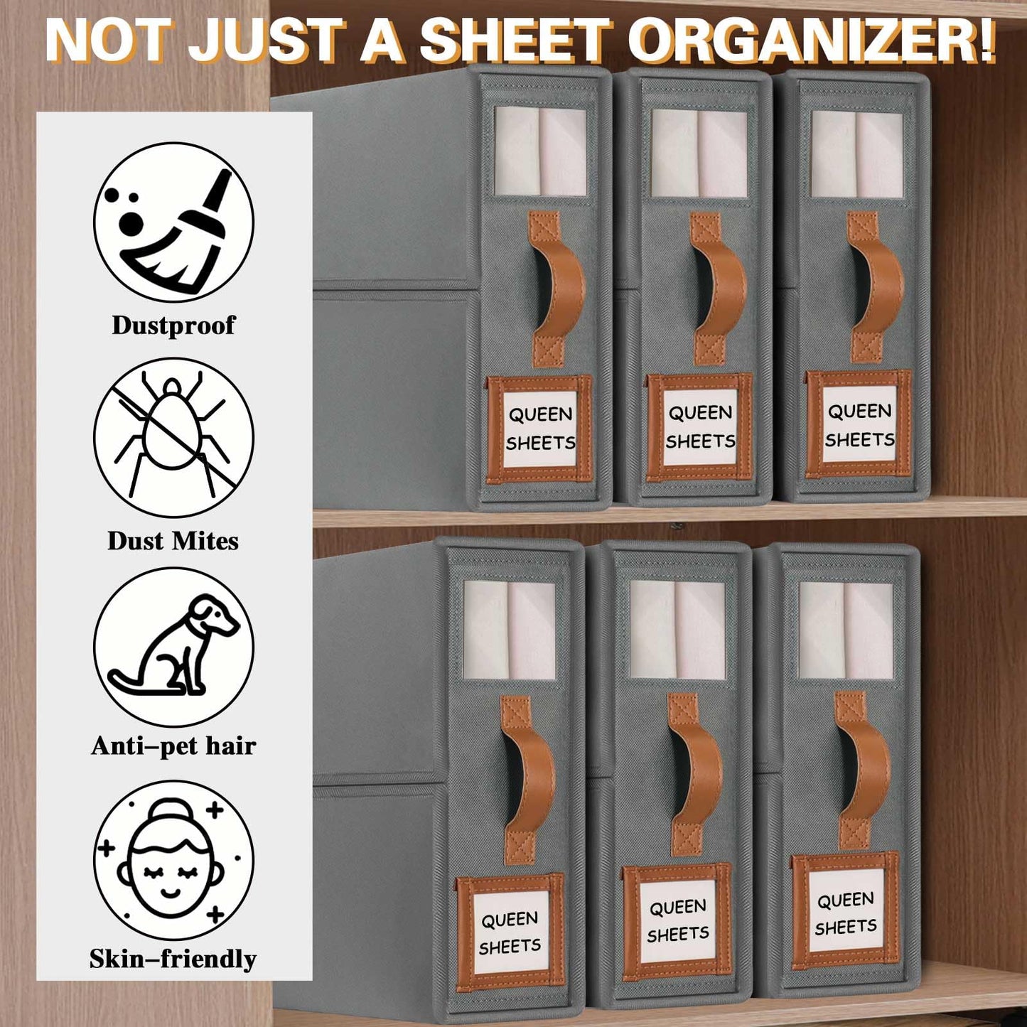 GhvyenntteS Sheet Organizers and Storage 4 Pack (Queen & King Size), Foldable Bed Sheet Organizer with Window and Label, Storage with Leather Handle, Grey