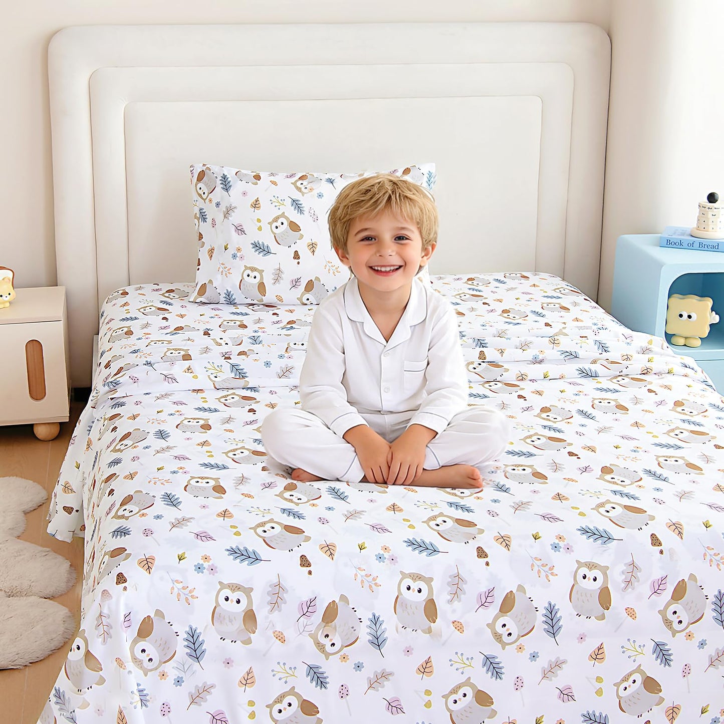 MICORAL Kids Twin Sheet Set, 3 Pieces Sheets for Boys & Girls, Soft Printed Microfiber Bed Sheets, Deep Pocket Cozy Toddler Bedding Set, Owl (White)