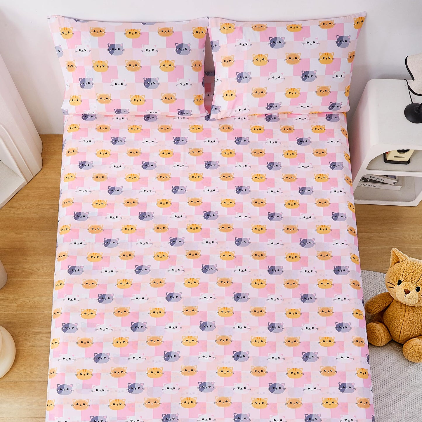 CozySmile Full Sheet Set Kids,4 Pieces Breathable Soft Microfiber Bedsheets for Child Girls, Oeko-TEX, Anti Pilling Deep Pockets Easy Care Bed Sheets, Cat Plaid