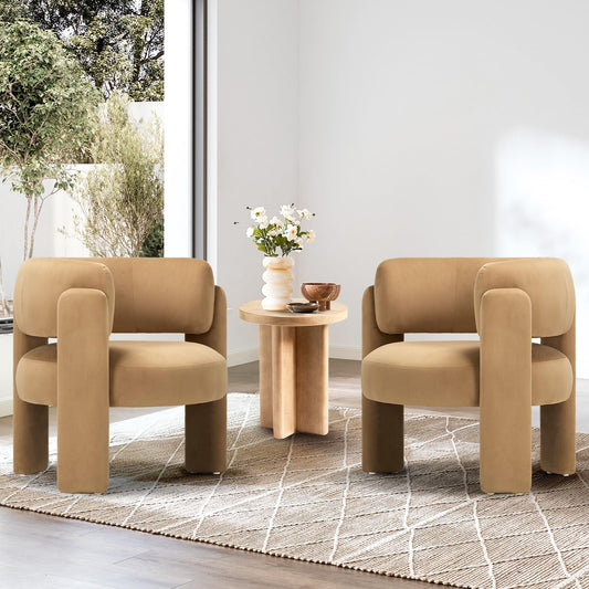 COLAMY Modern Velvet Accent Chairs Set of 2, Upholstered Barrel Chairs, Comfy Side Arm Chairs with 3 Legs for Living Room, Bedroom, Reading, Khaki
