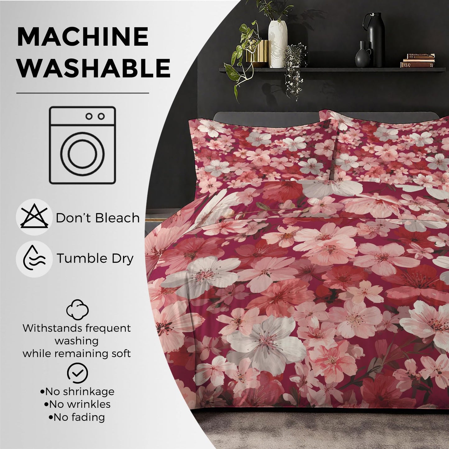 Cherry Blossom Duvet Cover Queen, Burgundy Pink Flower Bedding Set 3 Piece & 2 Pillowcases, Pink Floral Bedroom Decor, Reversible Soft Microfiber, Zipper Ties