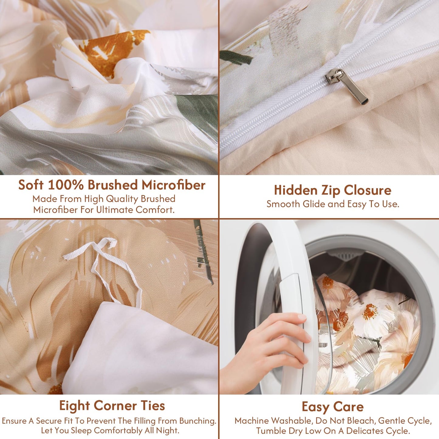 LONAVA Queen Flower 3 Pcs Duvet Cover Set, Breathable Soft Microfiber Biege Lining Comforter Cover with Zipper Closure, and 2 Anti-Pilling, Fade Resistant Pillowcases, Golden Flower