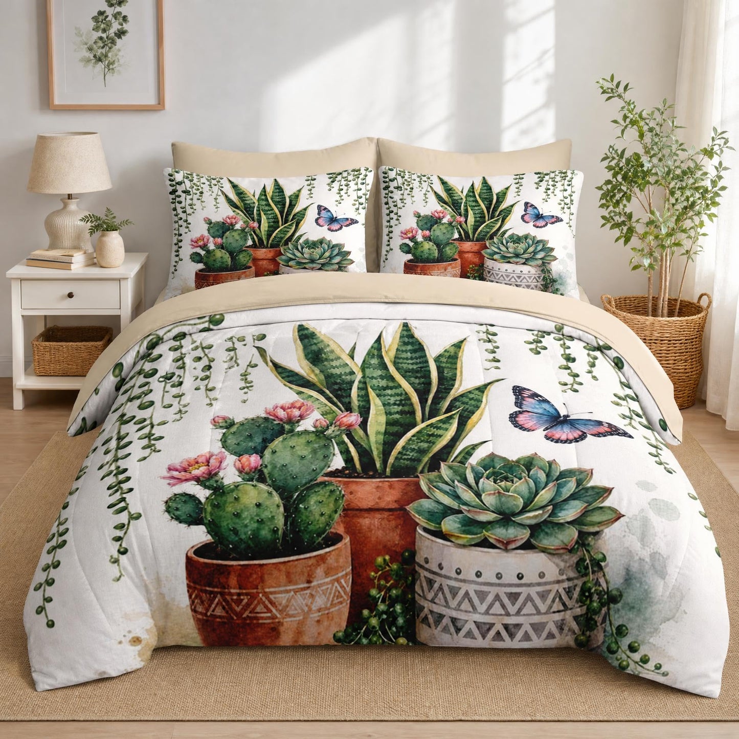 Boewywh Comforter Set Twin Size Boho Cactus Plant 7 Pcs, Bedding for Kids and Adults, Bed Sheet Sets with Fitted Sheet 2 Pillowcases & 2 Shams for Bedroom Bed Decor