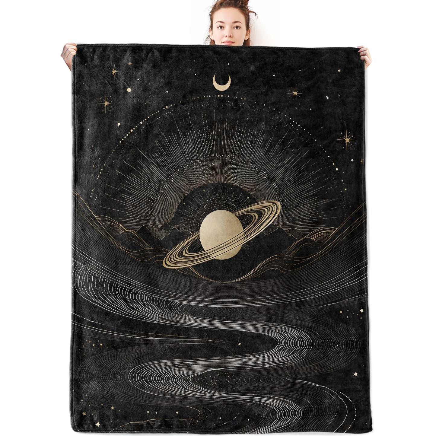 olpddz Celestial Flannel Blanket Gifts for Galaxy Lover,60x50inch,Gold Planet and Cosmic Line Art Throw Blankets with Mystical Night Sky,for Bedroom,Sofa,Living Room,Camping Home Decor Throws