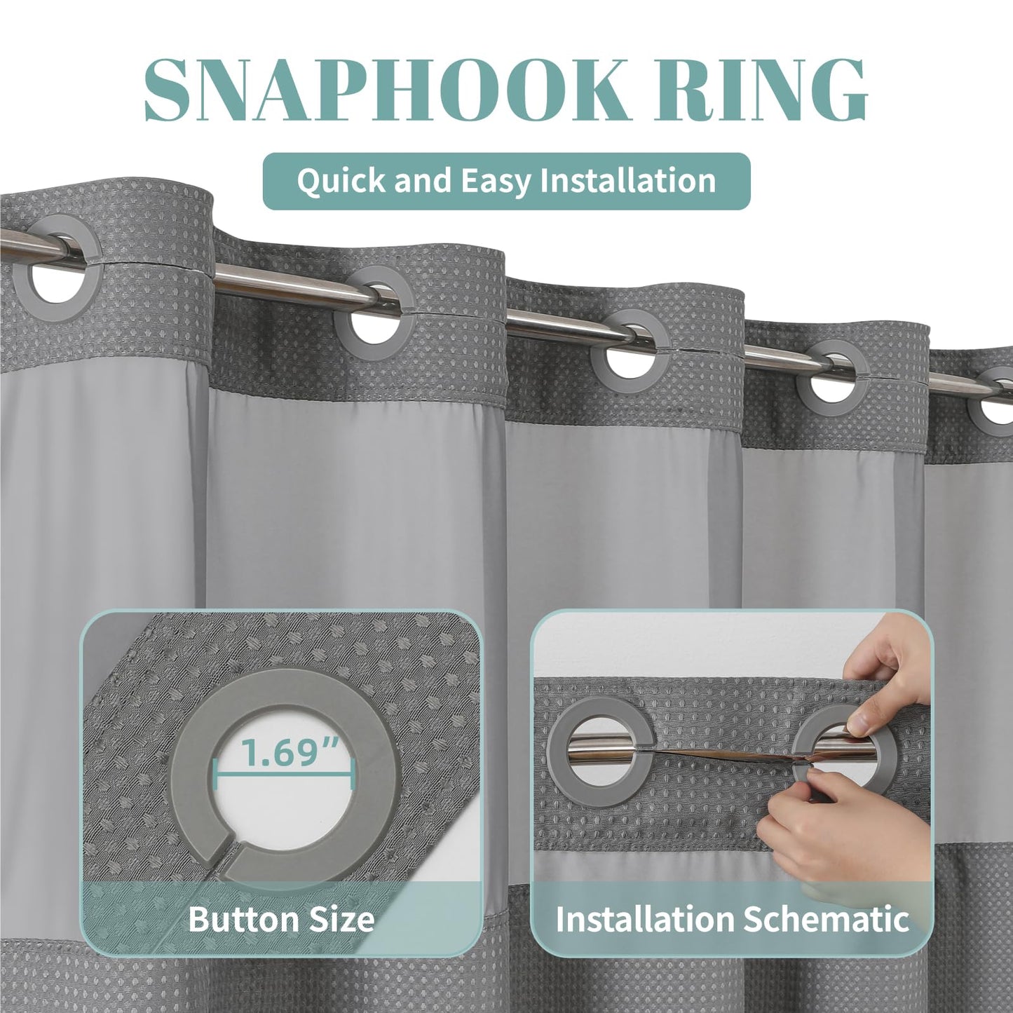 eachope Grey No Hook Waffle Weave Shower Curtain with snap-in Liner Replacement, 230GSM Waterproof Fabric Hotel Shower Curtain Set for Bathroom, Through Mesh Top Window,60Wx74H