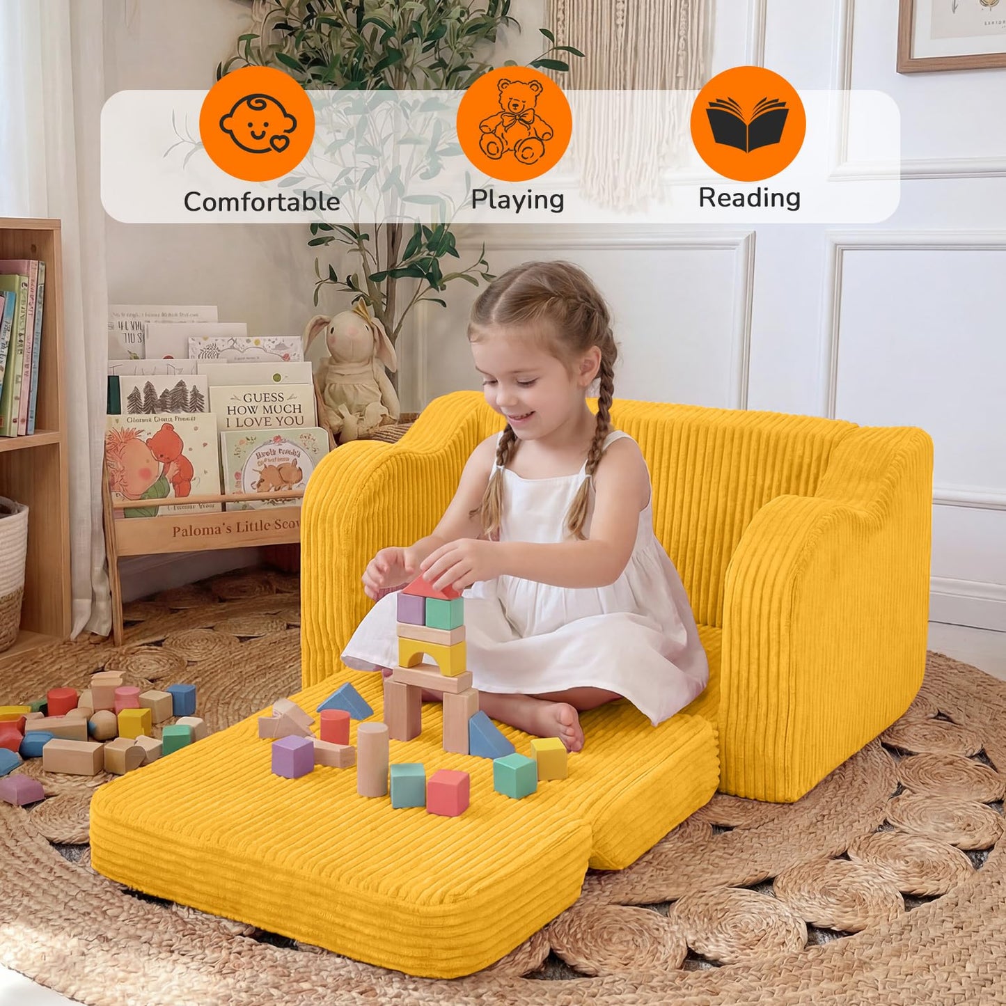 MeMoreCool Kids Couch, 2-in-1 Corduroy Kids Couch Fold Out to Recliner, Comfy Kids Chair for Ages 3+, Cushioned Foam Kids Sofa with Washable Cover for Playroom and Bedroom, Mustard Yellow