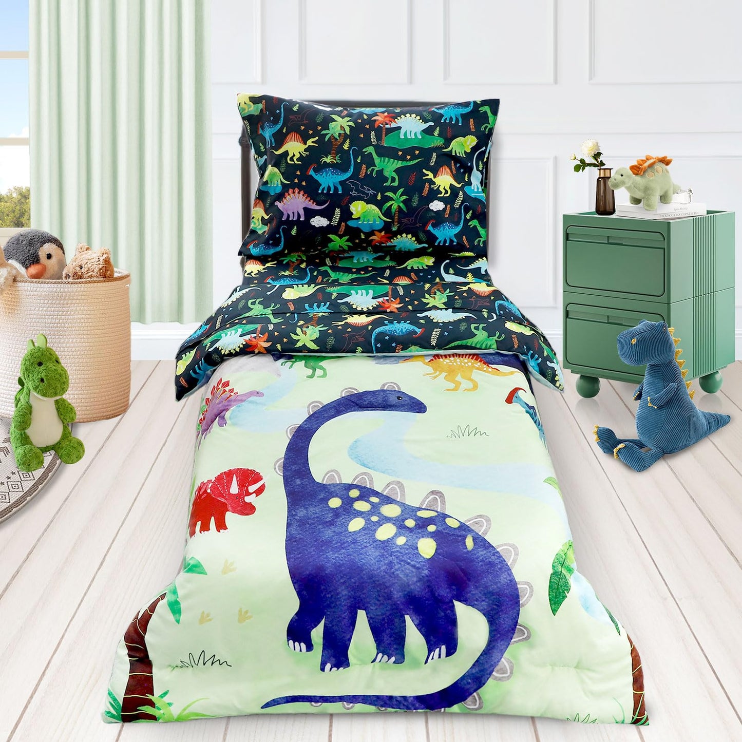 DAYEEBALL 4 Piece Toddler Bedding Set, Ultra Soft and Breathable Cartoon Dinosaur Toddler Comforter Sets for Boys Includes Quilted Comforter, Fitted Sheet, Flat Sheet and Pillowcase