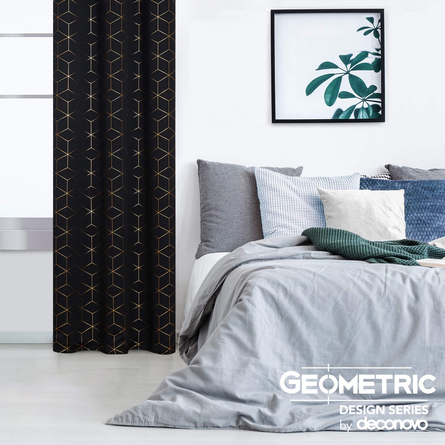 Deconovo Grommet Blackout Curtains, Room Darkening Gold Diamond Drapes, 2 Panels, Black, 42W x 95L Inch, for Bedroom and Living Room