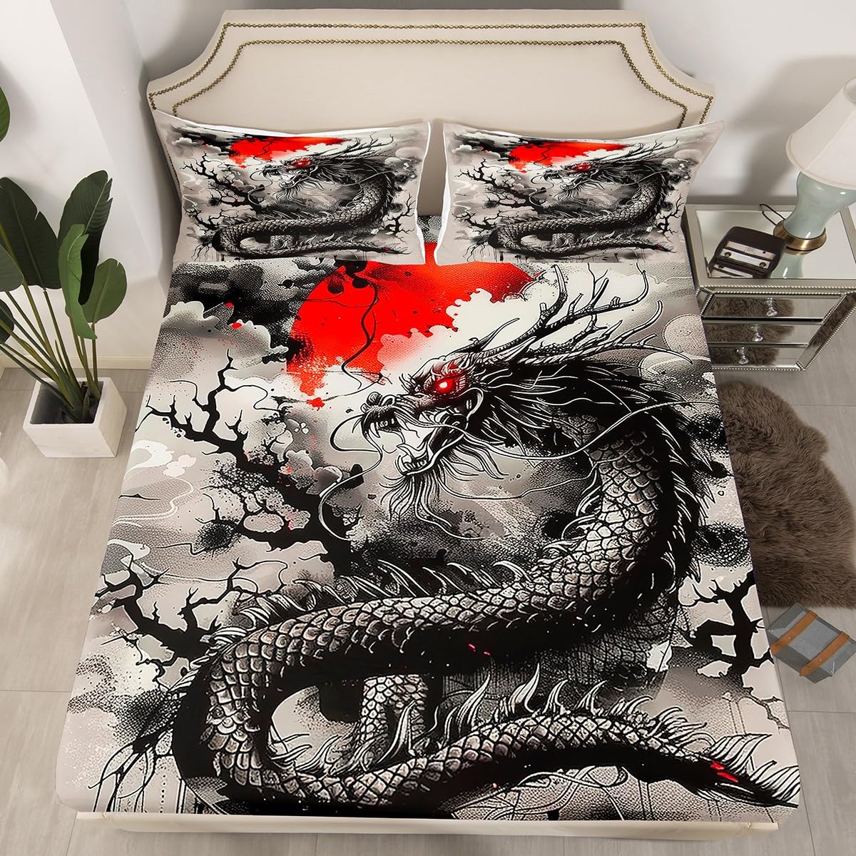 Black Dragon Fitted Sheet Queen Size,Japanese Style Bedding Set 3Pcs for Kids Girls Boys Teens Room Decor,Sunset Ink Tie Dye Bed Sheets Magical Style Wildlife Deep Pocket Sheet,2 Pillowcases