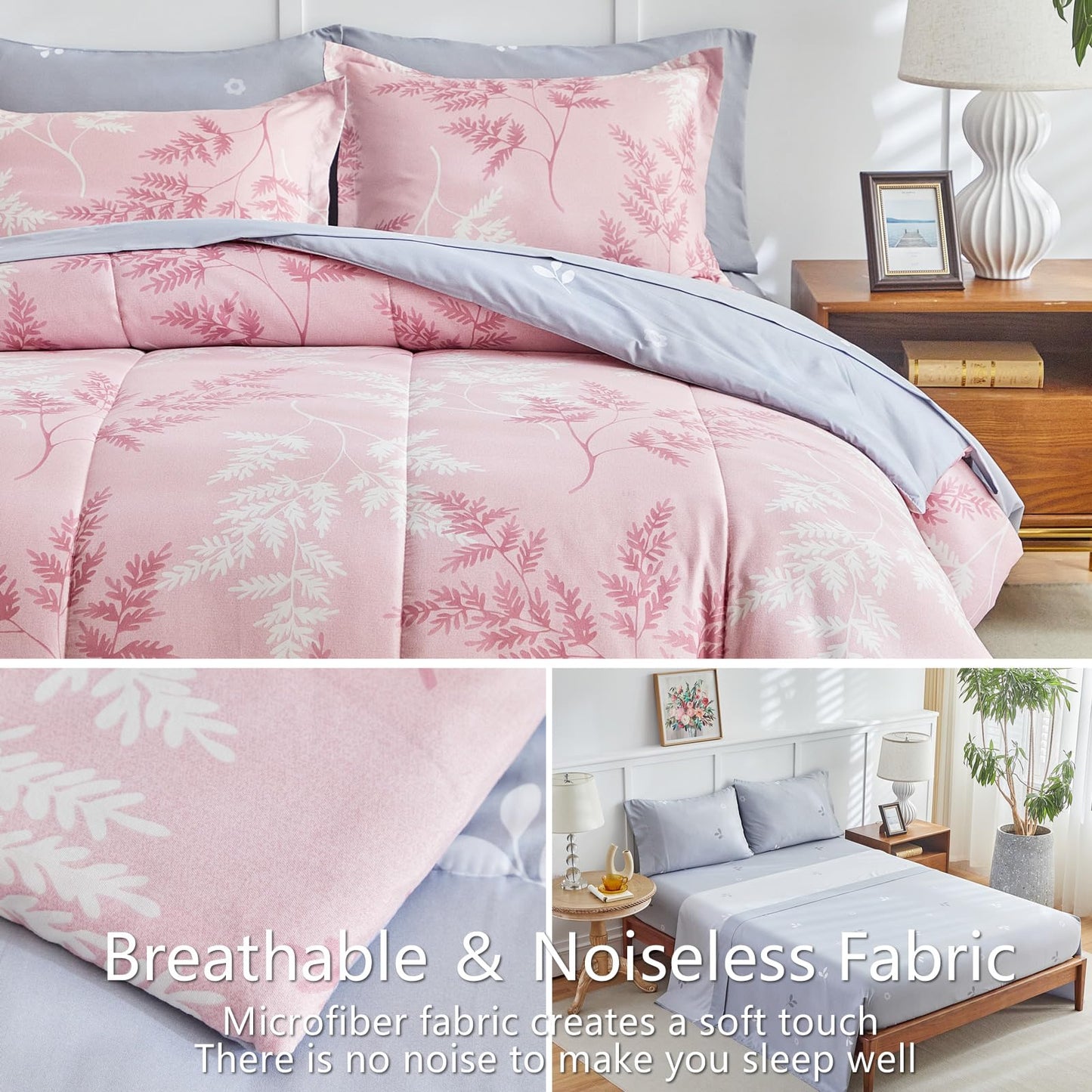 AIKASY Pink Queen Comforter Set with Sheets,Bed in a Bag 7-Pieces,Palm Tree Totem Printing Design,Ultra Soft Down Alternative All Season Bedding Set(Queen, Pink)