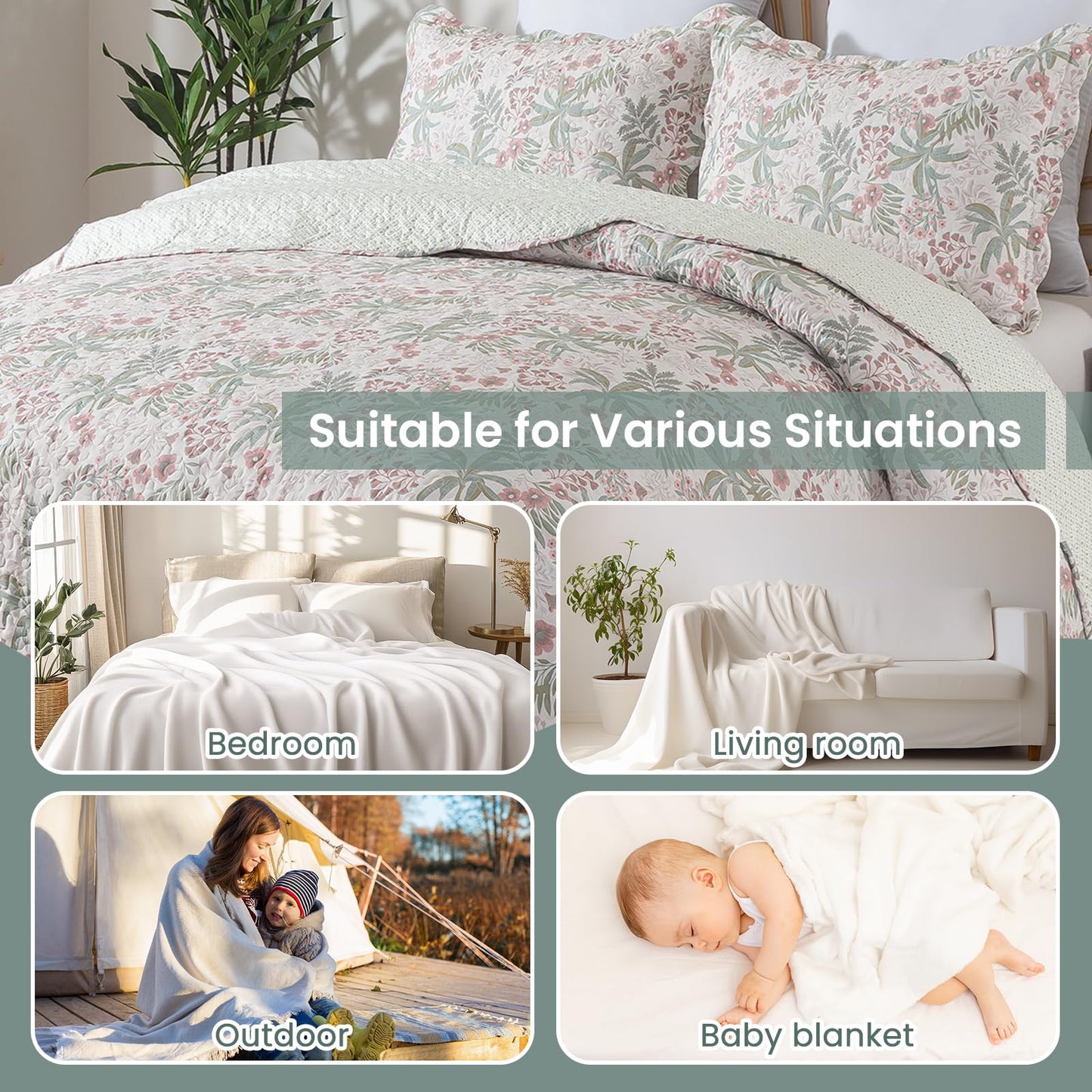 Etwel Lightweight Queen Size Quilt Set - Breathable Reversible Cotton Bedspread for Hot Sleepers, Farmhouse Floral Bedding Set with 2 Pillow Shams for All Season (90"x98", Green Botanical Floral)