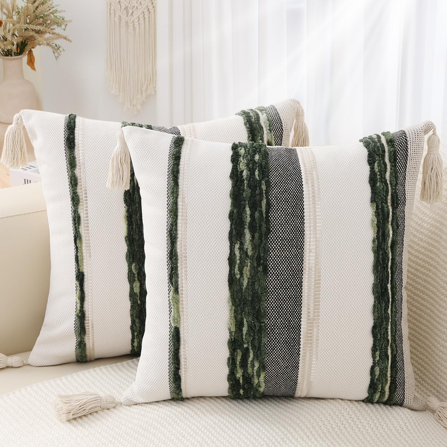 Simmore Boho Decorative Throw Pillow Covers 18x18 Set of 2, Tufted Farmhouse Pillow Covers with Tassels for Cozy Bohemian Couch Sofa Bedroom Home Decor, Green